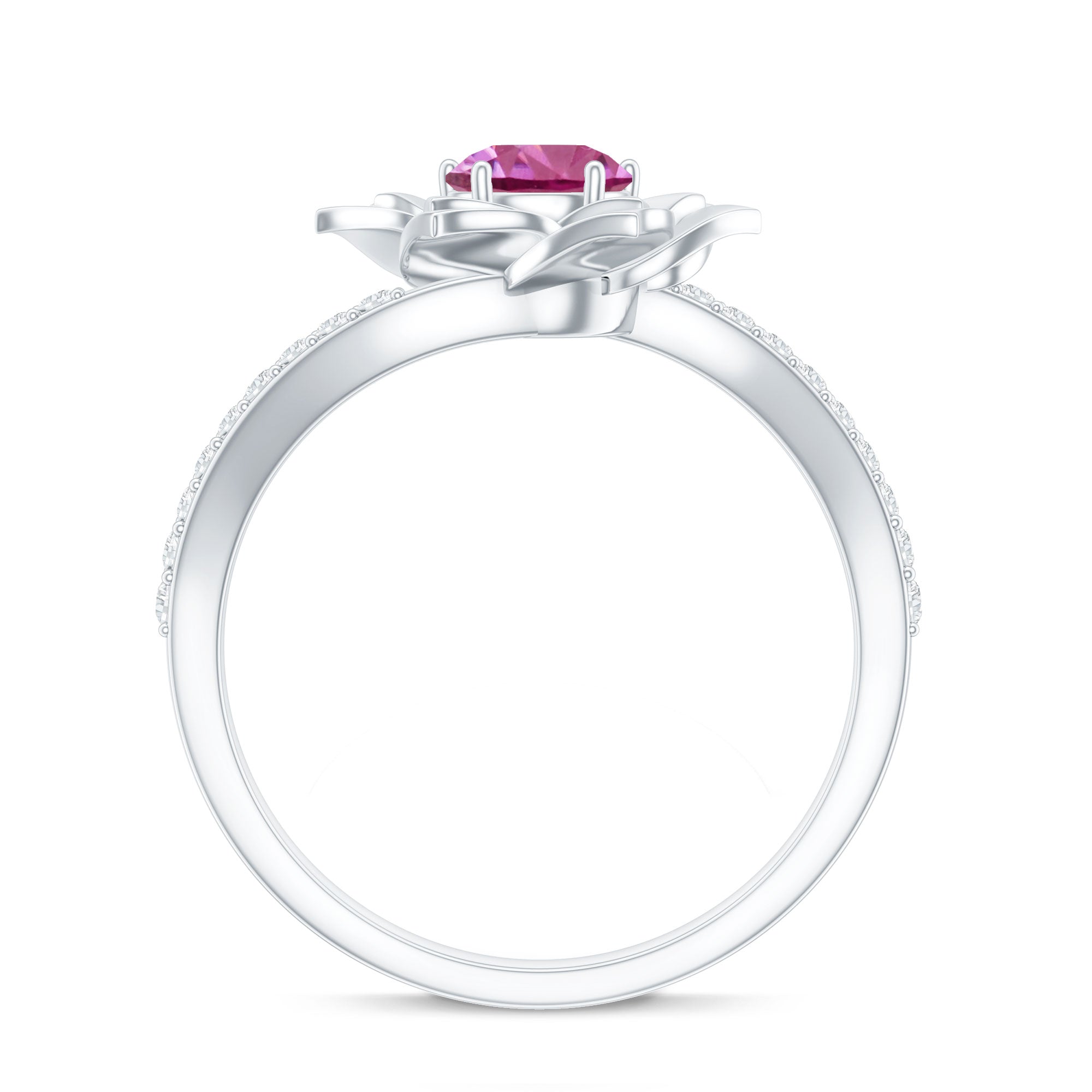 Pink Tourmaline and Diamond Flower Engagement Ring with Bypass Shank AAA - Rosec Jewels