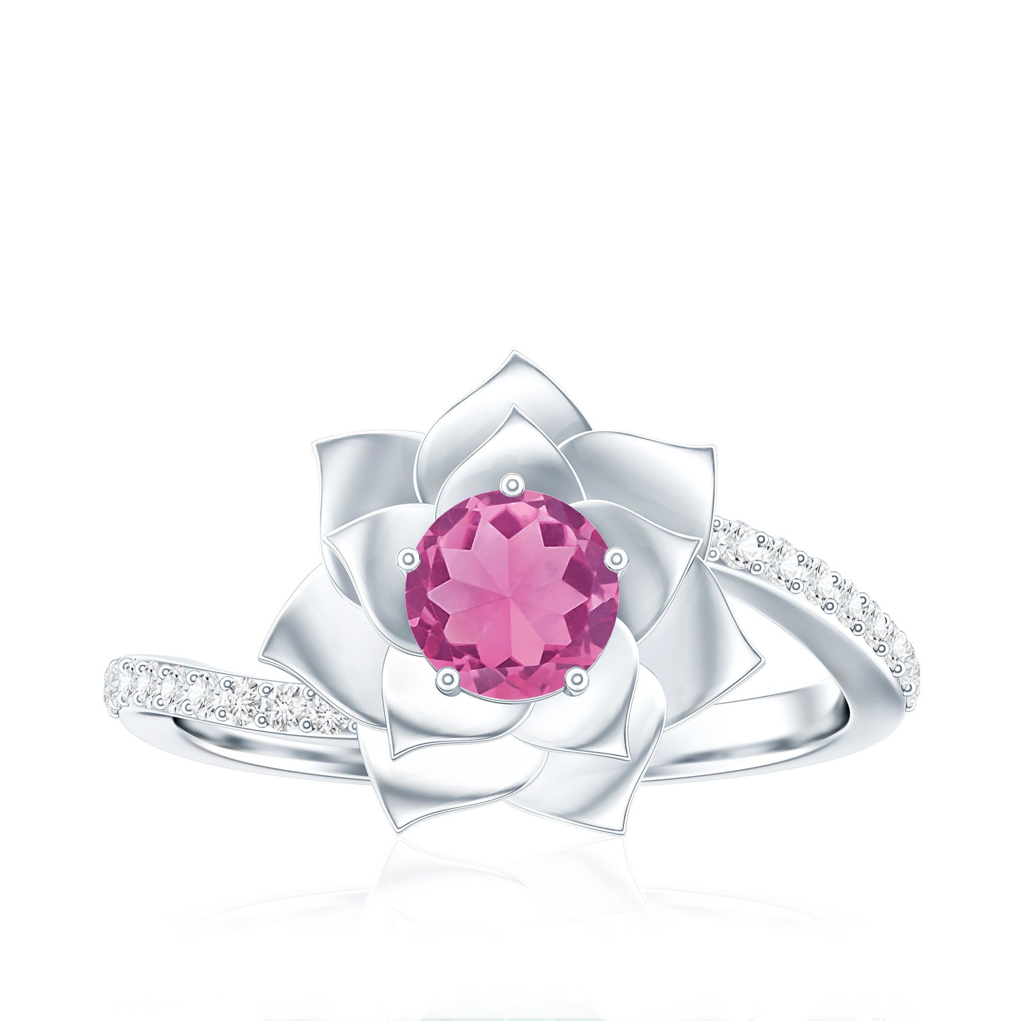 Pink Tourmaline and Diamond Flower Engagement Ring with Bypass Shank AAA - Rosec Jewels