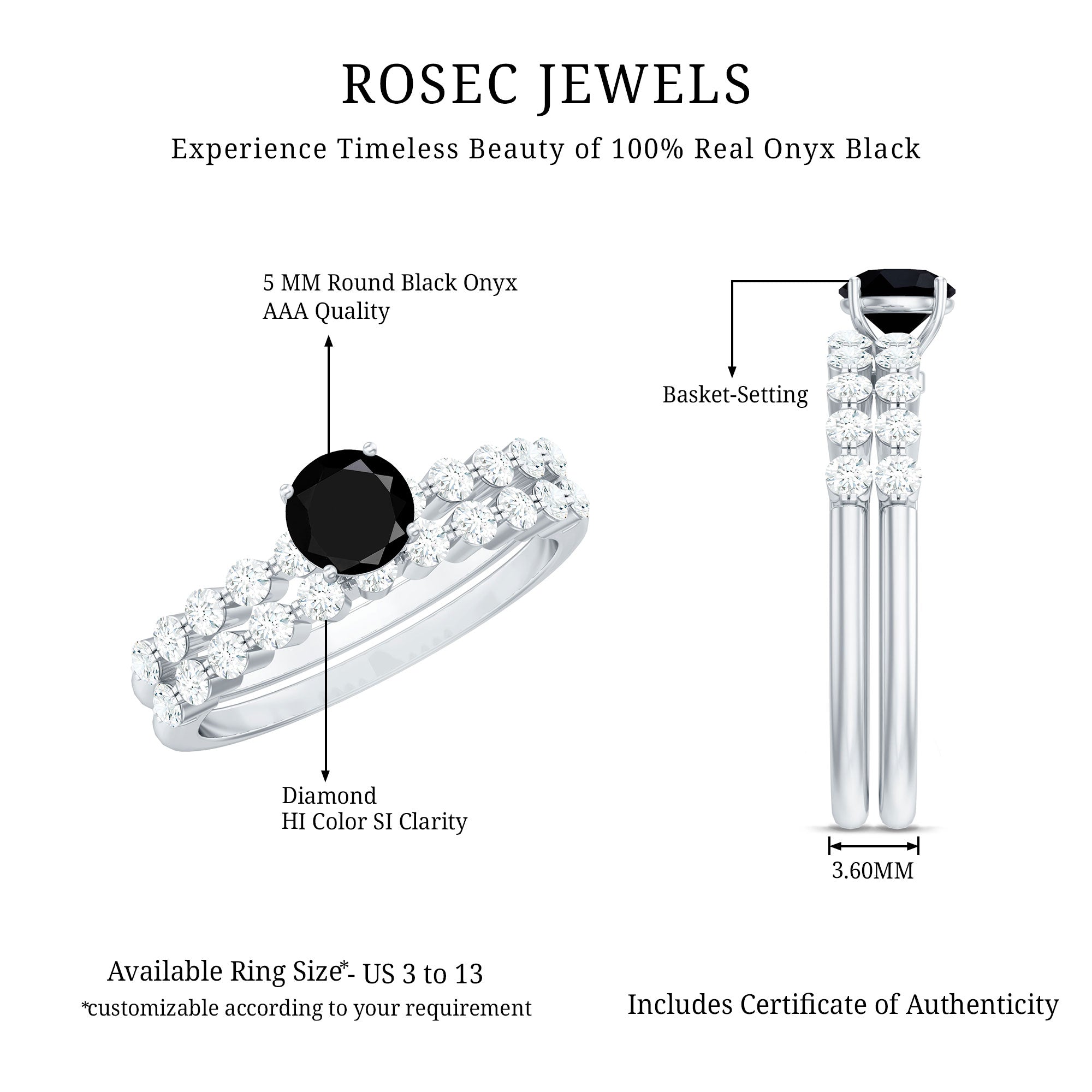 Round Cut Black Onyx and Diamond Stacking Wedding Ring Set AAA - Rosec Jewels