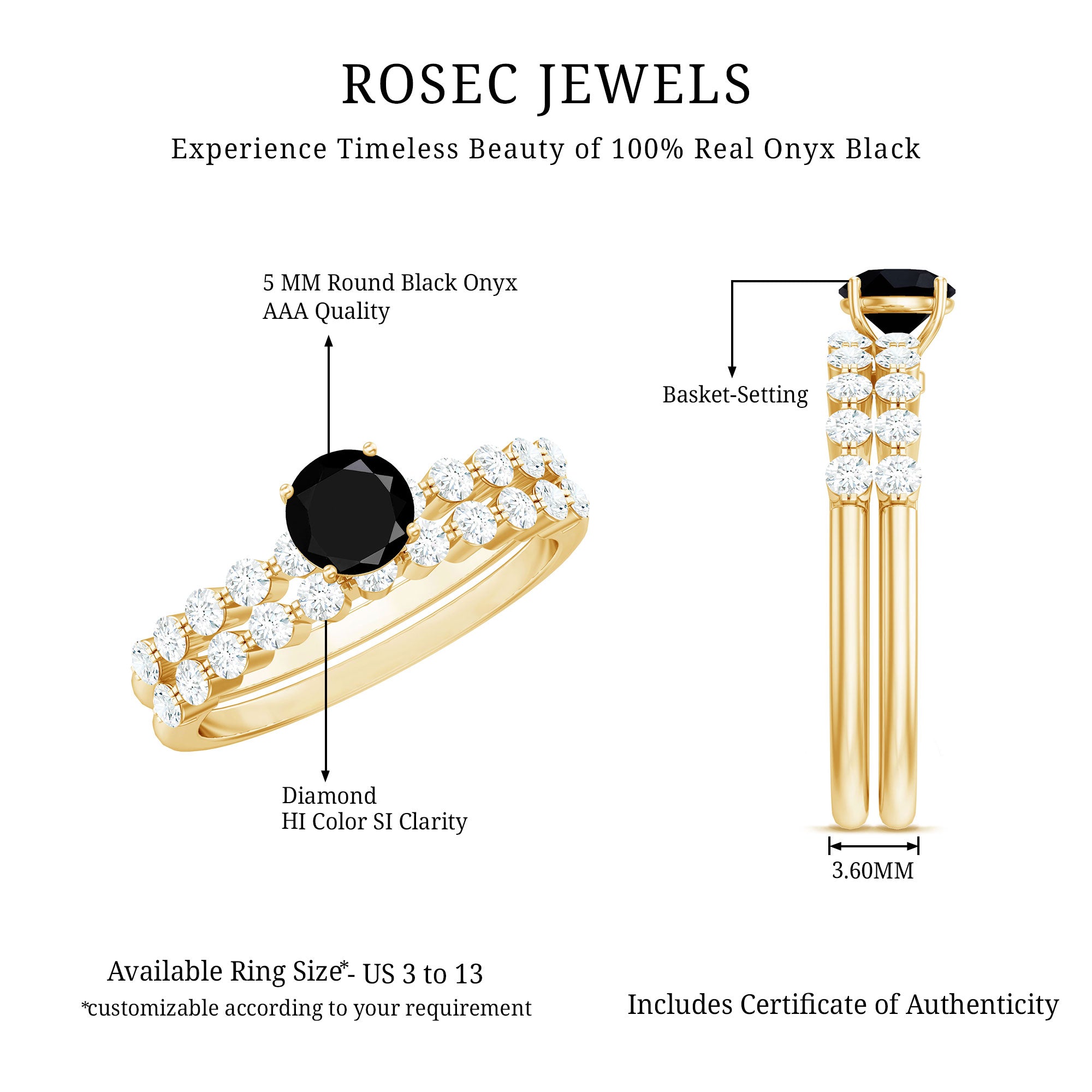 Round Cut Black Onyx and Diamond Stacking Wedding Ring Set AAA - Rosec Jewels