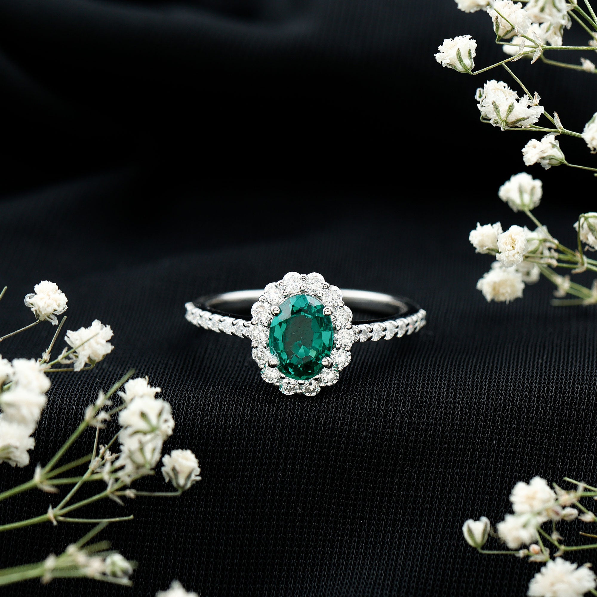 Certified 6X8 mm Oval Lab Grown Emerald Halo Engagement Ring AAAA - Rosec Jewels