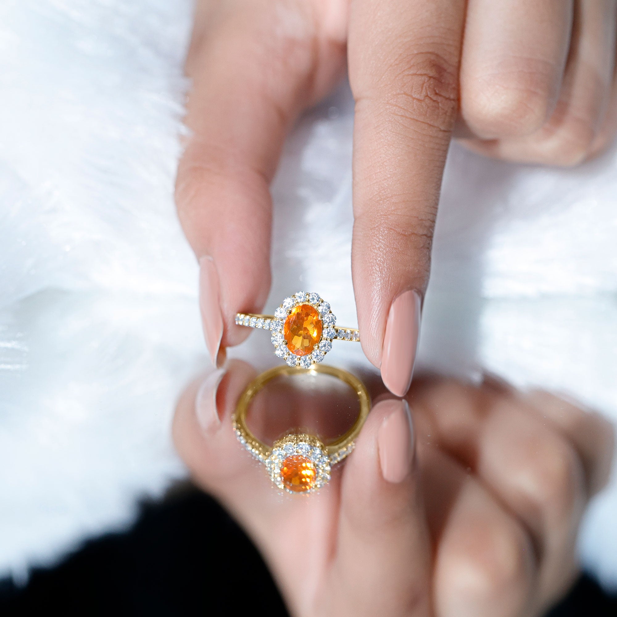 Rosec Jewels-Orange Fire Opal Oval Shape Engagement Ring with Moissanite