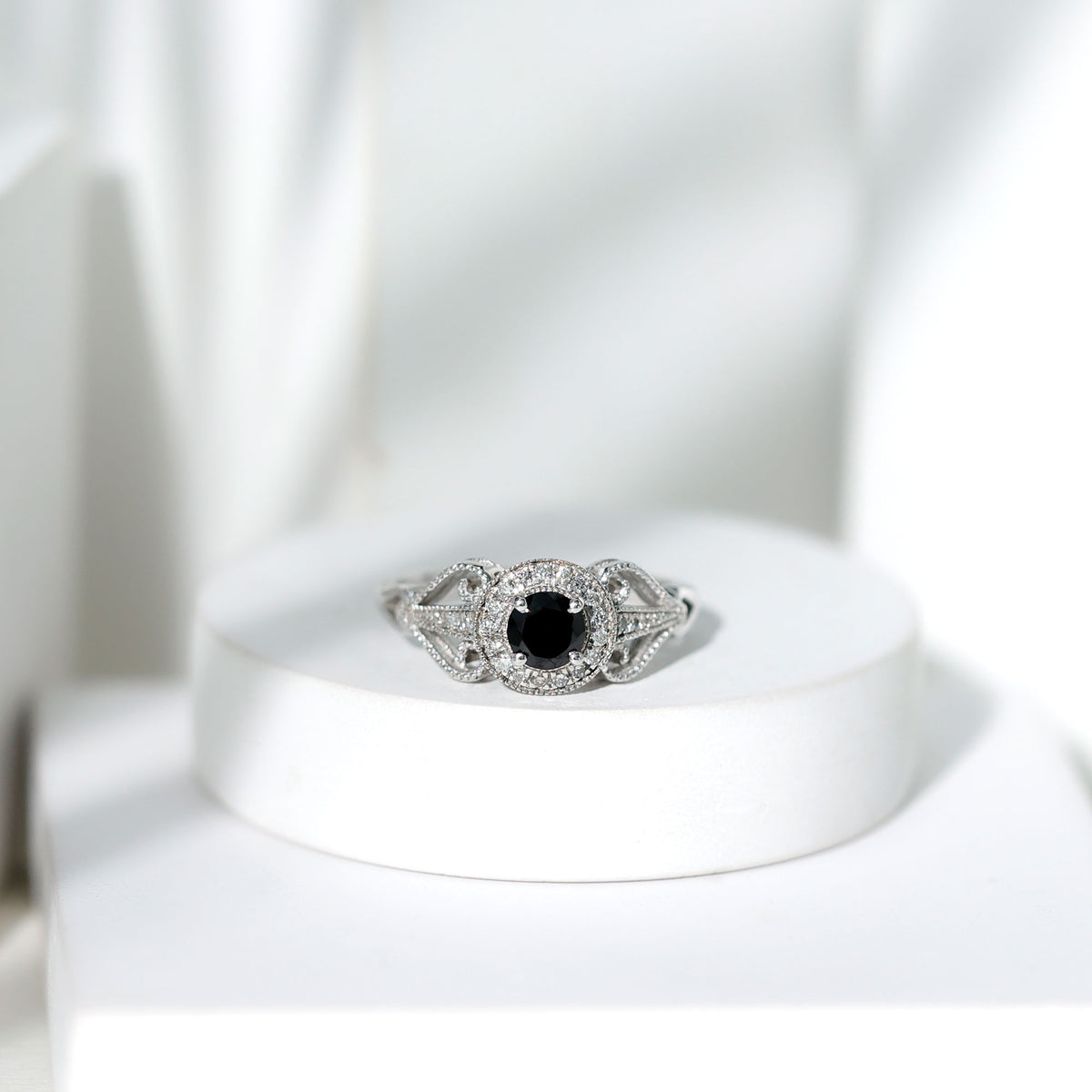 Vintage Inspired Black Spinel and Diamond Engagement Ring AAA - Rosec Jewels