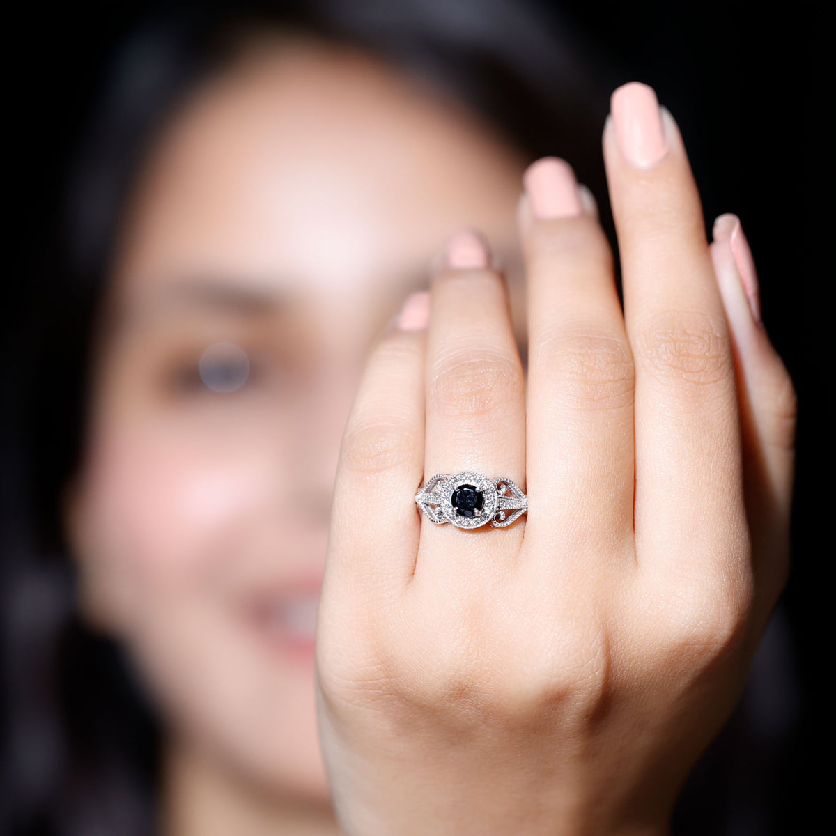 Vintage Inspired Black Spinel and Diamond Engagement Ring AAA - Rosec Jewels