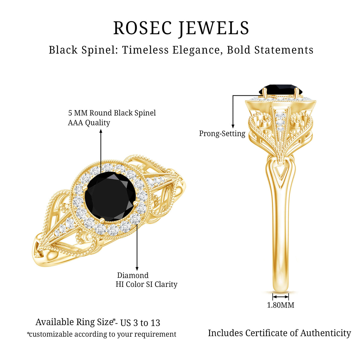 Vintage Inspired Black Spinel and Diamond Engagement Ring AAA - Rosec Jewels
