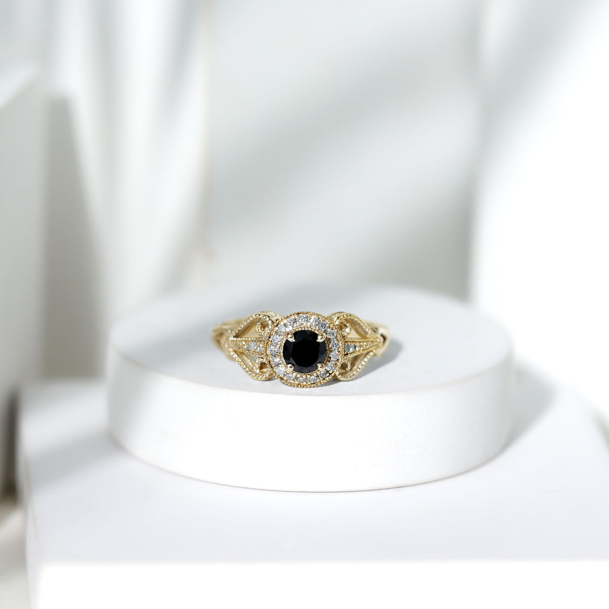 Vintage Inspired Black Spinel and Diamond Engagement Ring AAA - Rosec Jewels