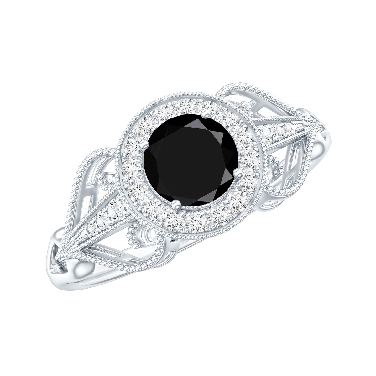 0.4 Carat Round Black Onyx Vintage Engagement Ring with Diamond Halo AAA - Rosec Jewels