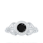 0.4 Carat Round Black Onyx Vintage Engagement Ring with Diamond Halo AAA - Rosec Jewels
