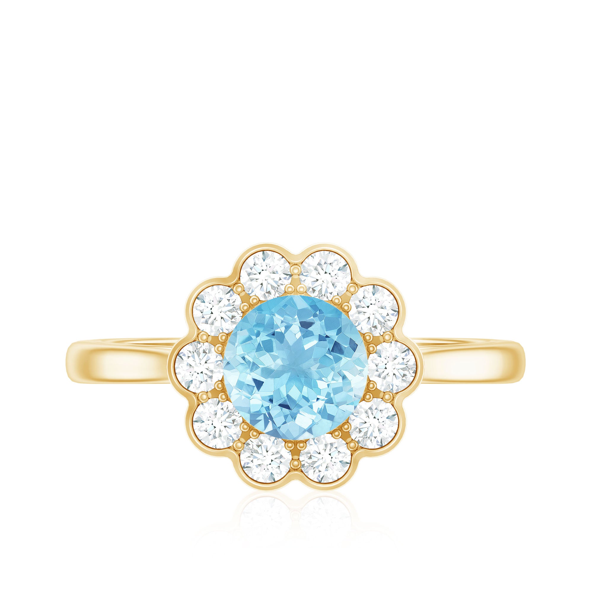 Certified 0.8 Carat Real Aquamarine Engagement Ring with Diamond Flower Halo AAA - Rosec Jewels
