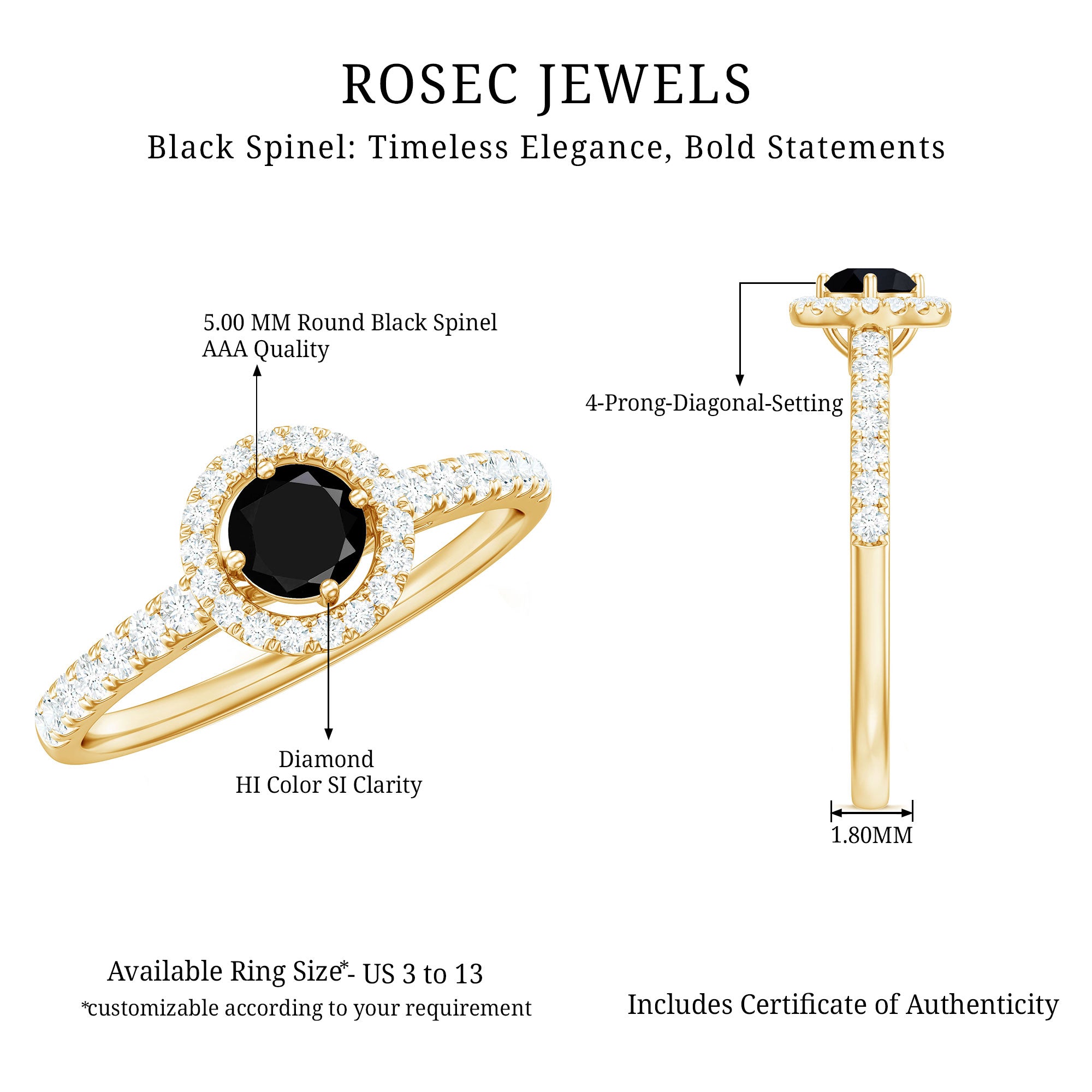 Rosec Jewels-Minimal Black Spinel Minimal Engagement Ring with Diamond Halo