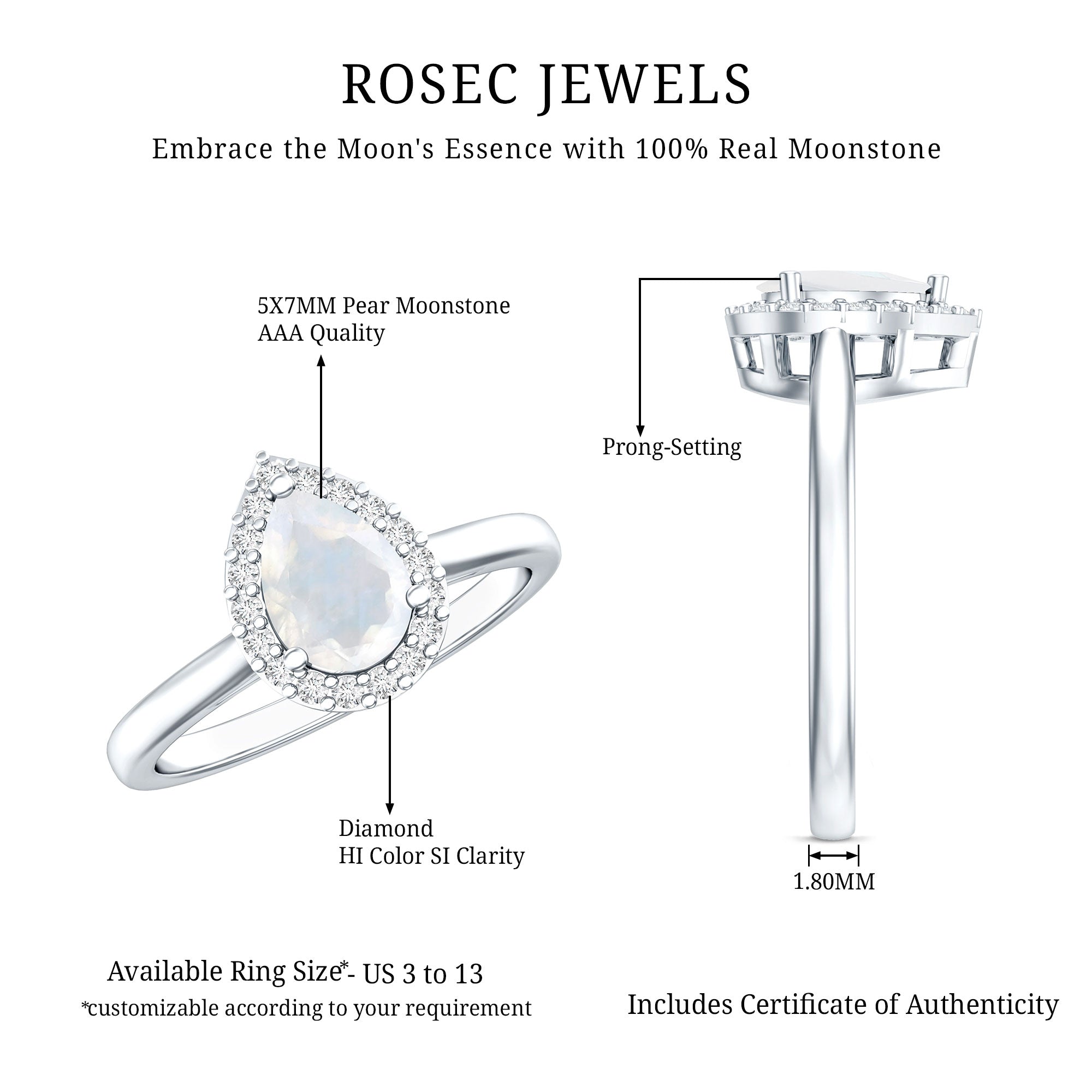 Rosec Jewels-Pear Shaped Moonstone Halo Engagement Ring with Diamond