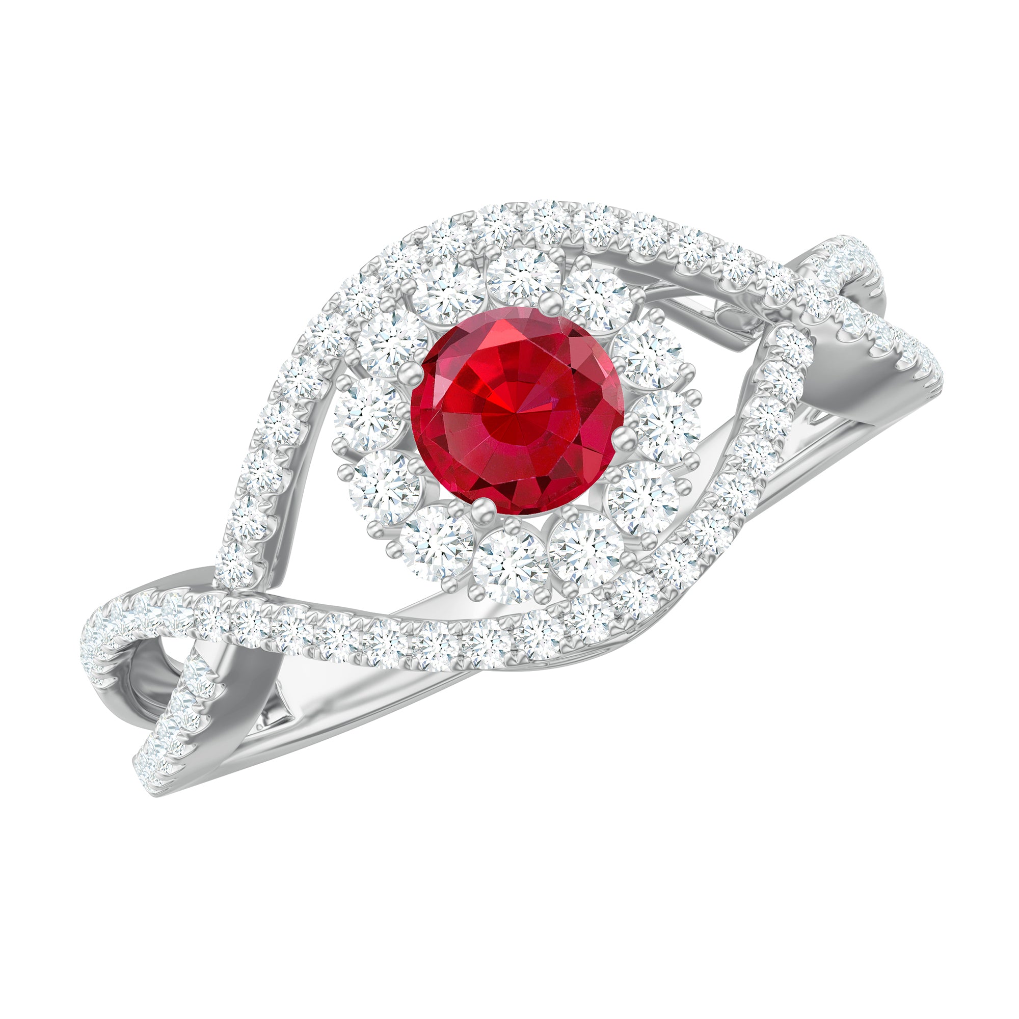 Certified Lab Ruby and Diamond Crossover Engagement Ring with Halo