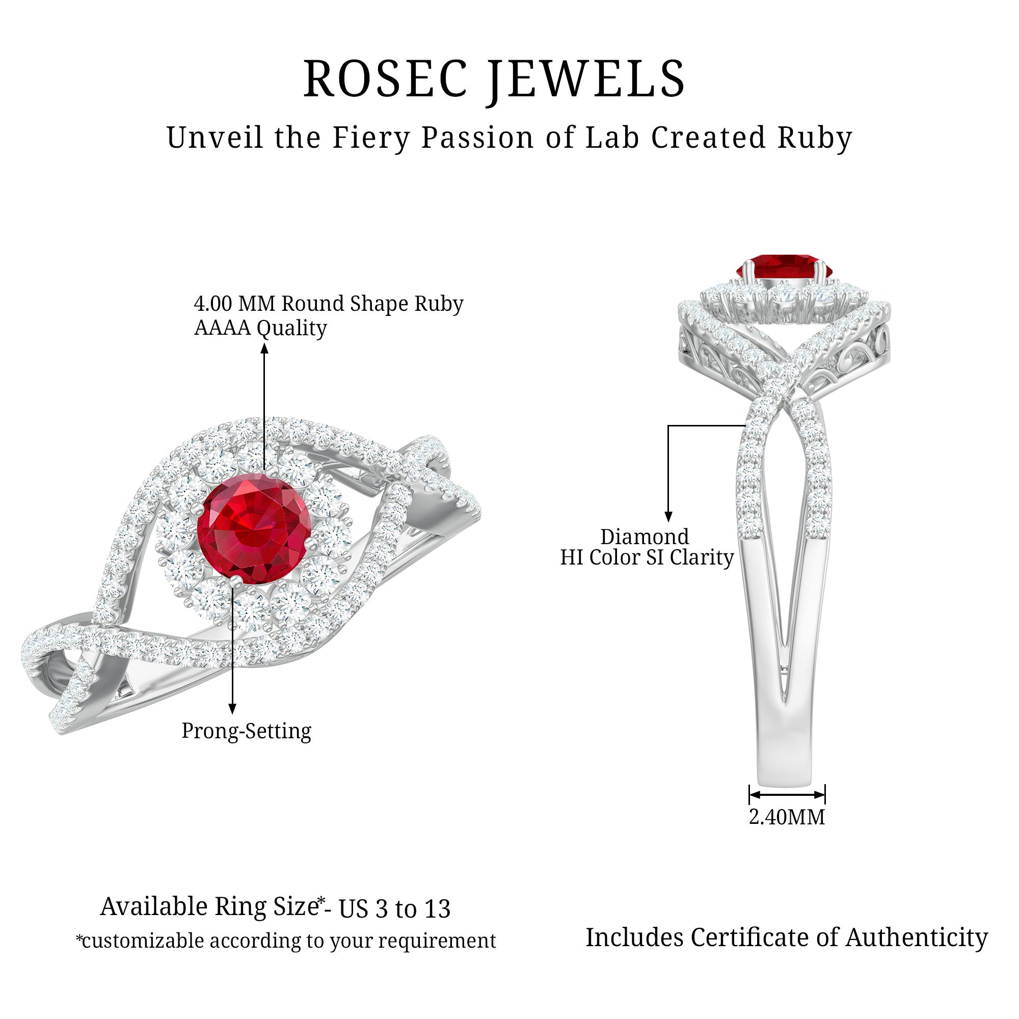 Certified Lab Ruby and Diamond Crossover Engagement Ring with Halo AAAA - Rosec Jewels