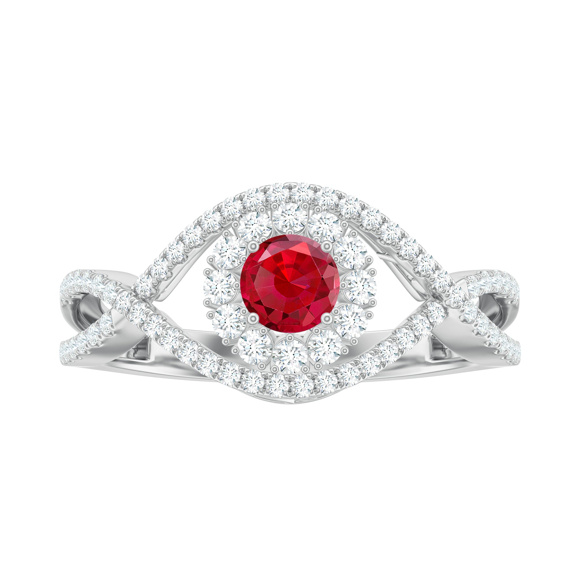 Certified Lab Ruby and Diamond Crossover Engagement Ring with Halo AAAA - Rosec Jewels