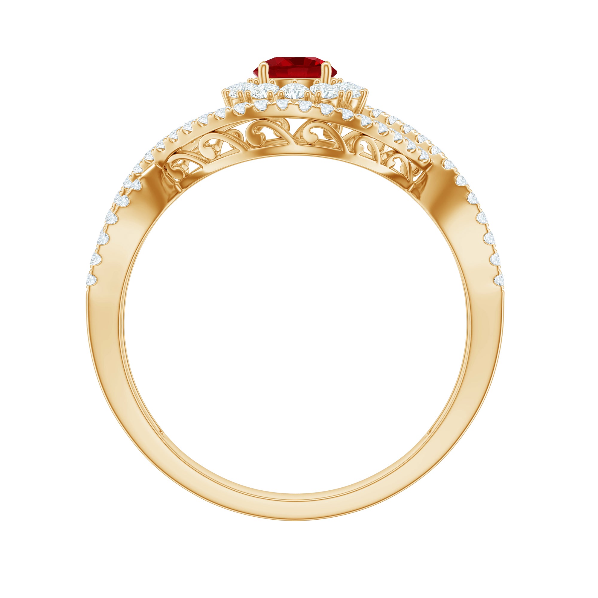 Certified Lab Ruby and Diamond Crossover Engagement Ring with Halo AAAA - Rosec Jewels