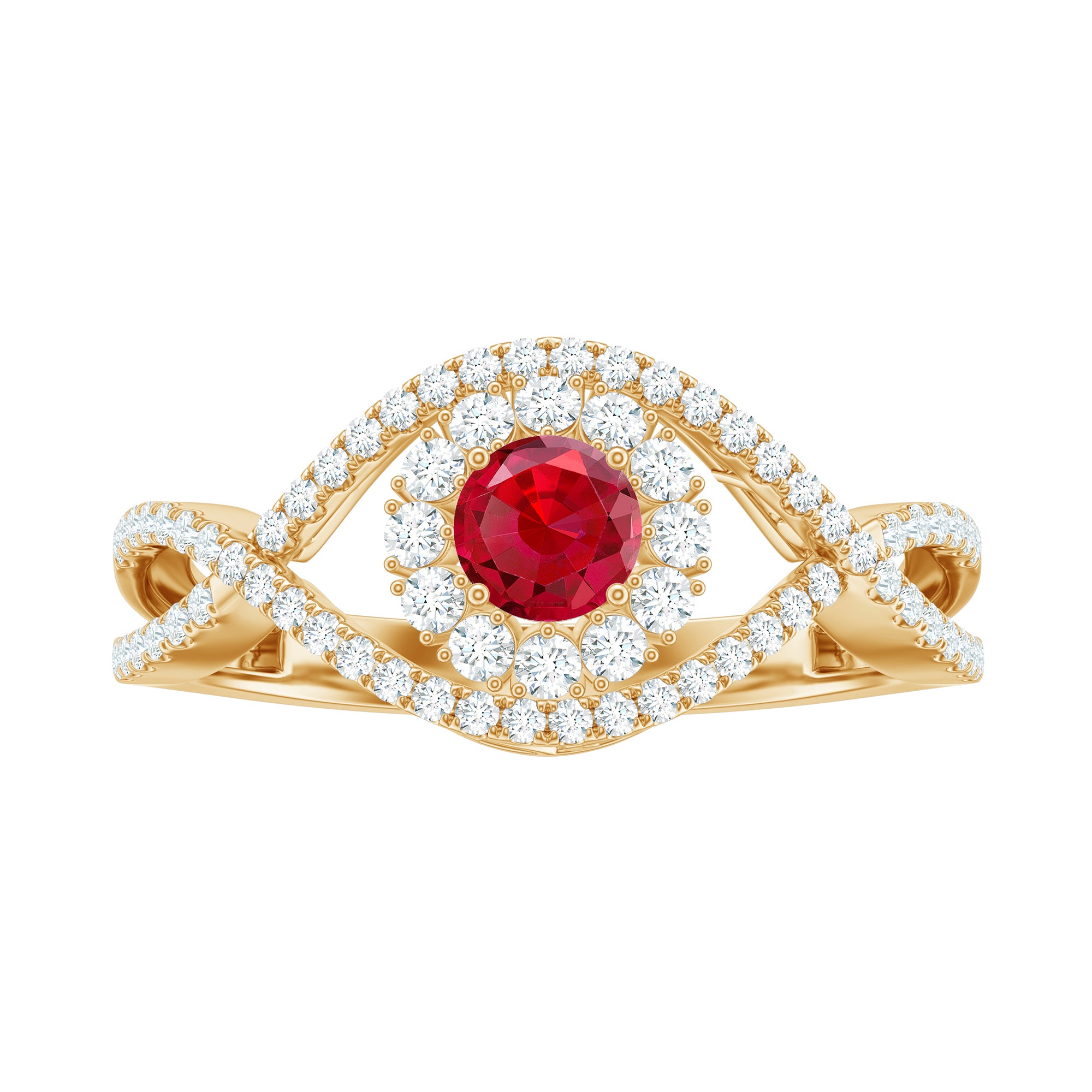 Certified Lab Ruby and Diamond Crossover Engagement Ring with Halo AAAA - Rosec Jewels