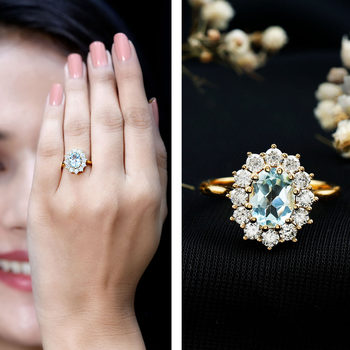 Rosec Jewels-Certified 1 Carat Sky Blue Topaz Oval Engagement Ring with Moissanite Halo