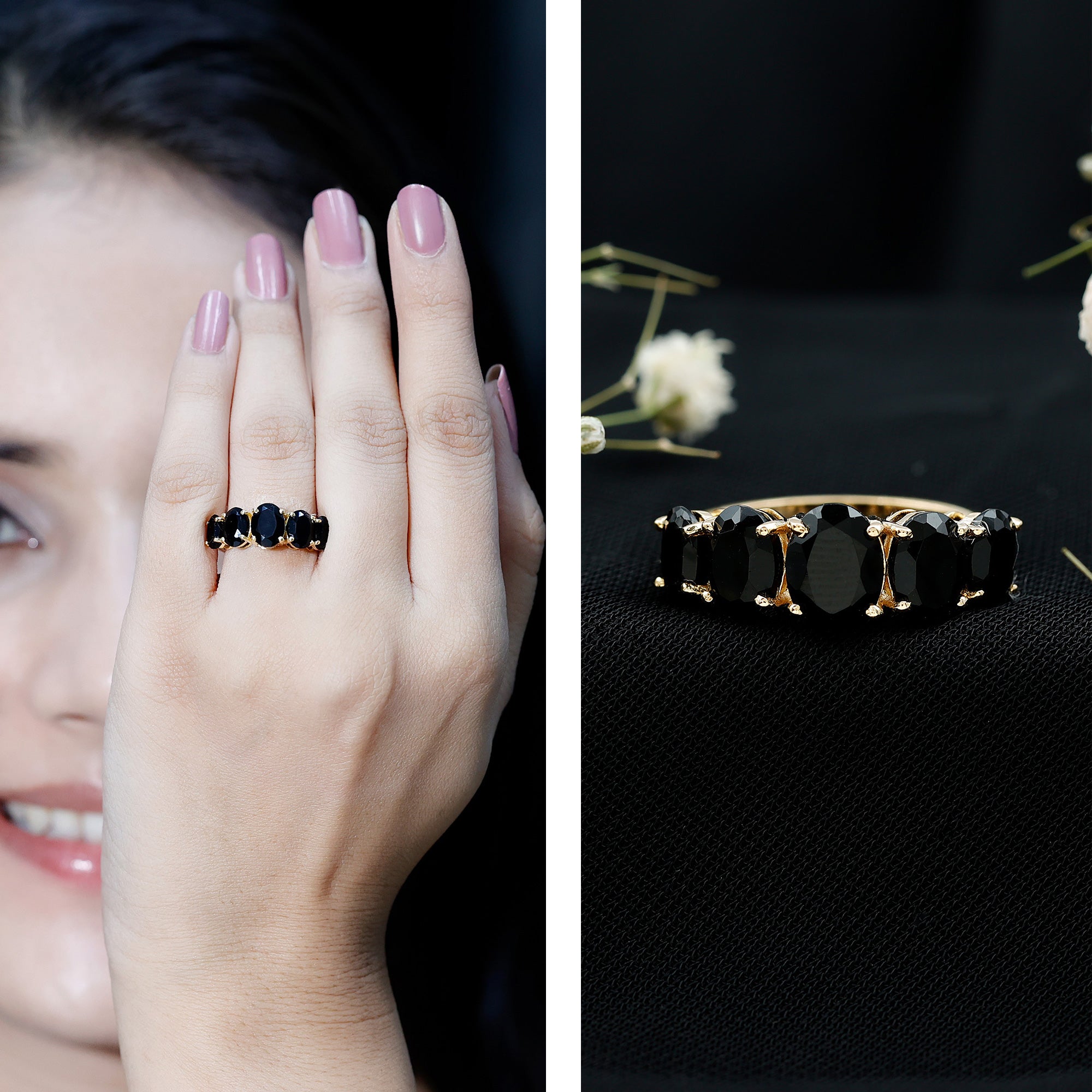 Rosec Jewels-Oval Shaped Black Onyx 5 Stone Anniversary Ring