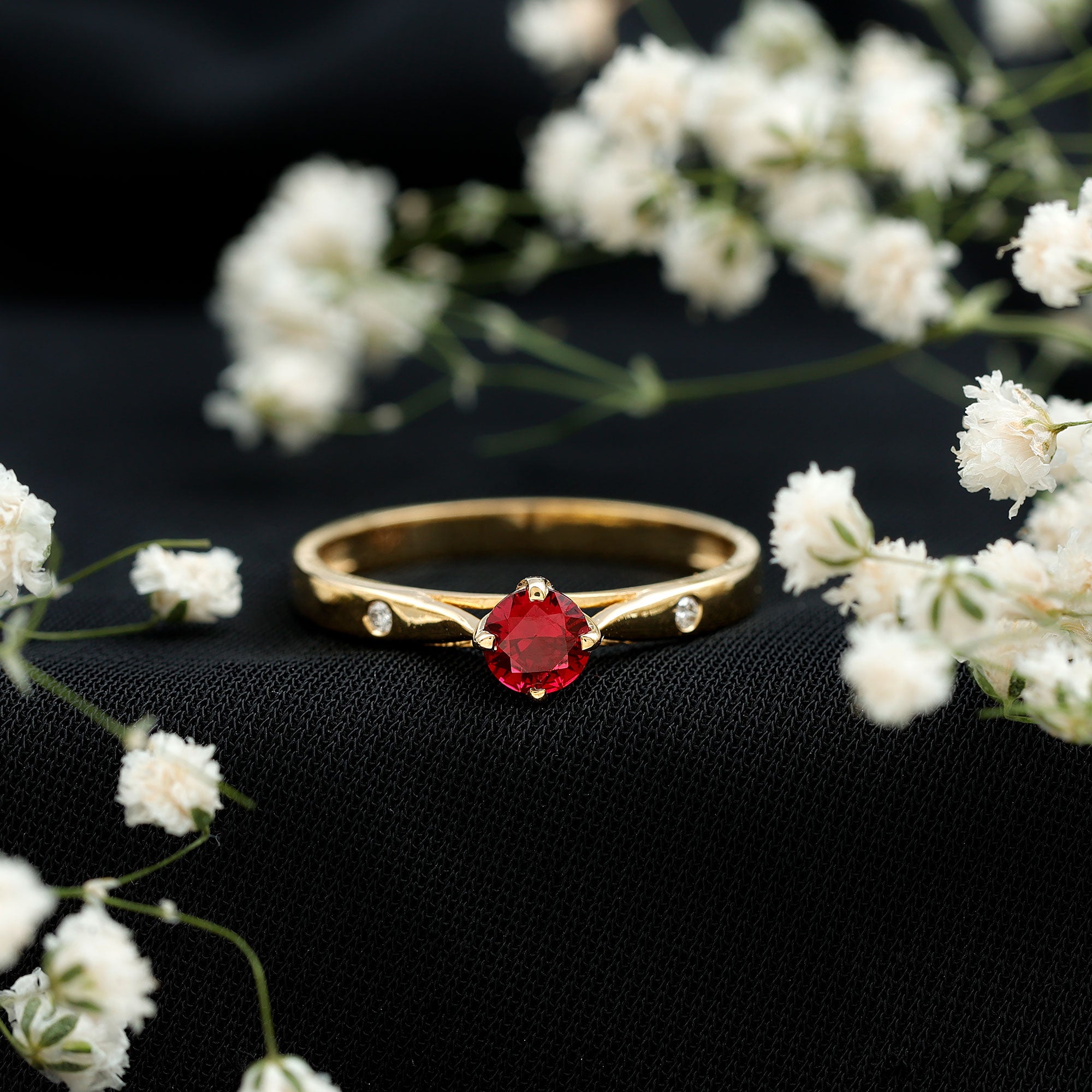 Rosec Jewels-Round Lab Grown Ruby Solitaire Ring with Diamond