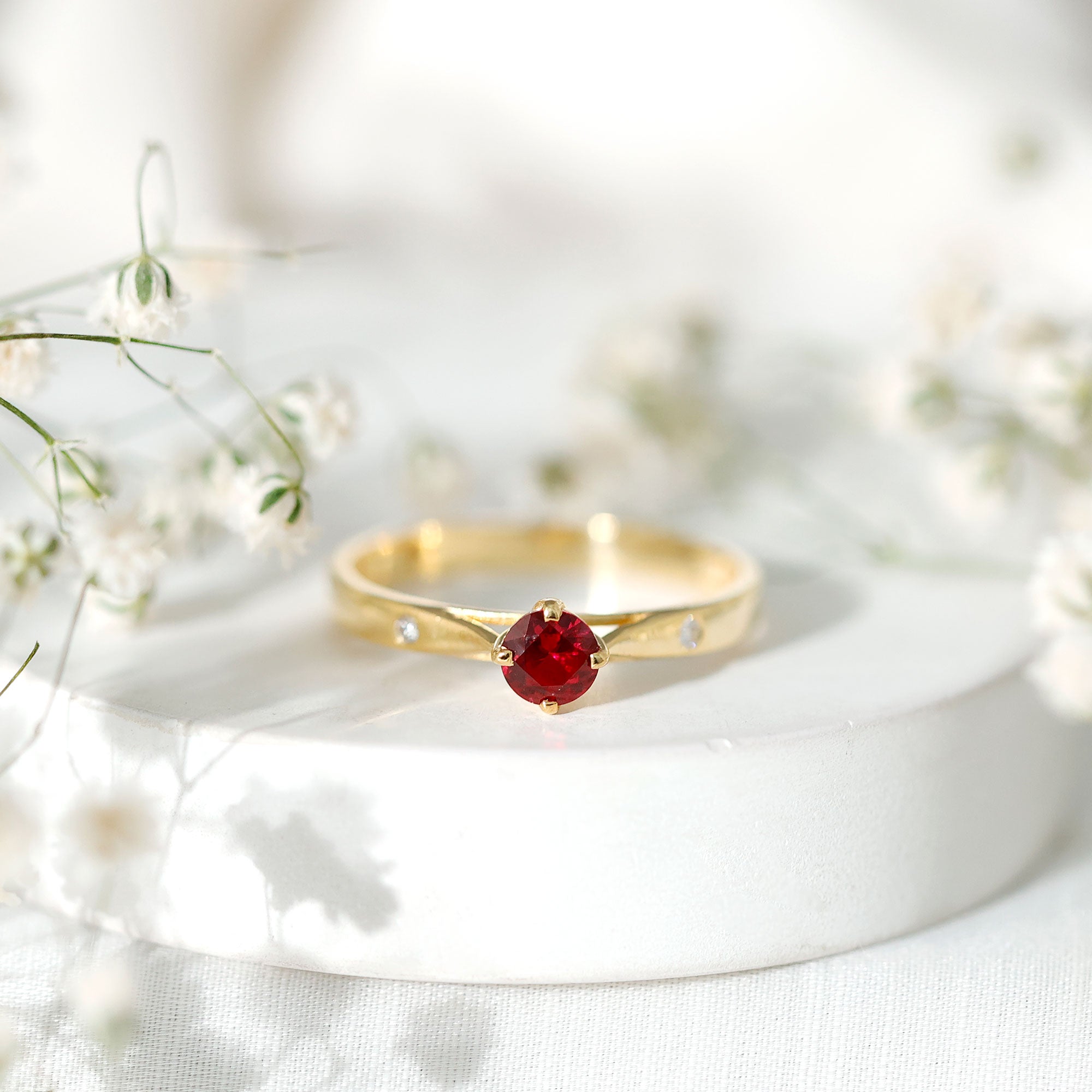 Rosec Jewels-Round Lab Grown Ruby Solitaire Ring with Diamond