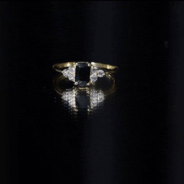 Emerald Cut Created Black Diamond Solitaire Ring with Diamond Trio AAAA ( Synthetic ) - Rosec Jewels