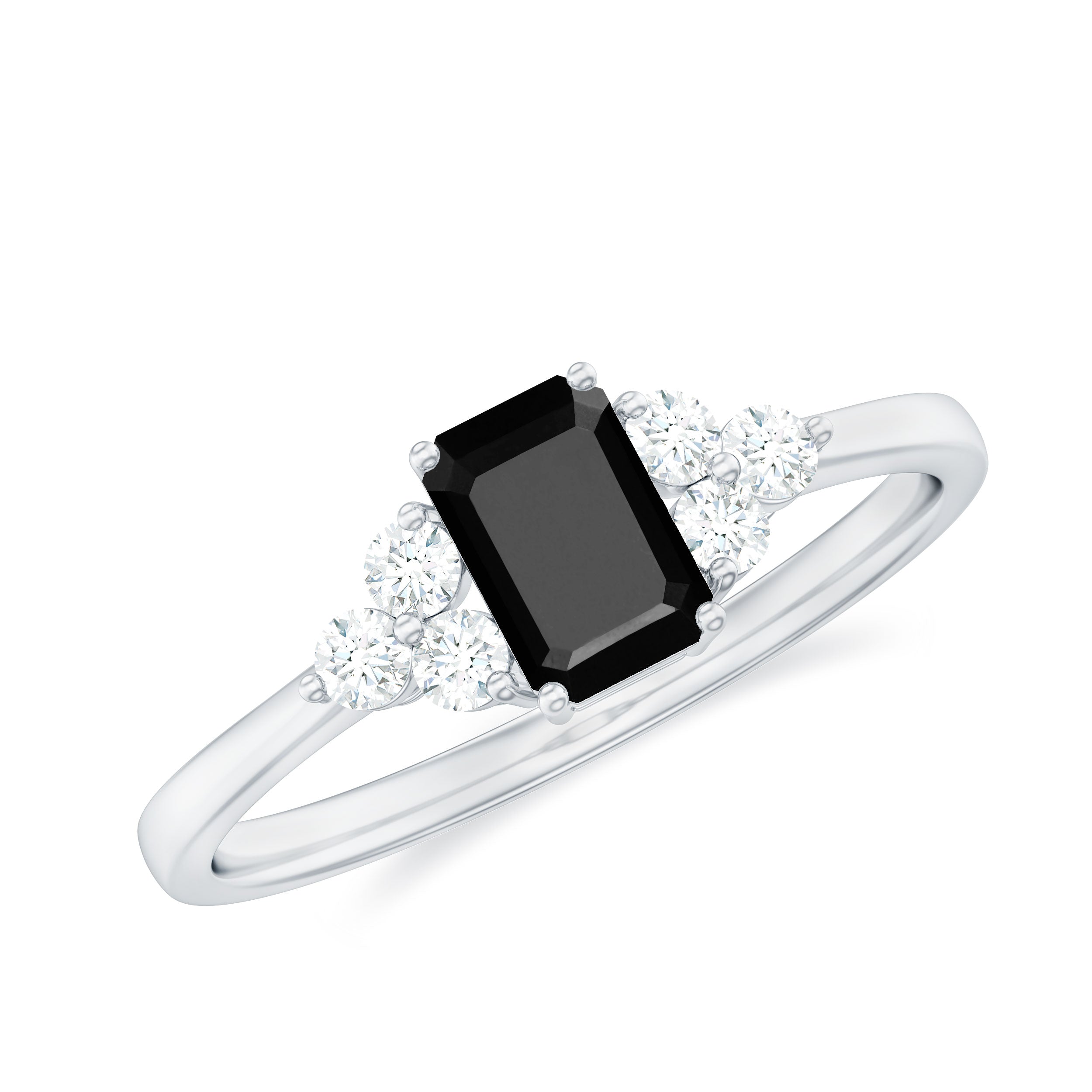 Emerald Cut Created Black Diamond Solitaire Ring with Diamond Trio AAAA ( Synthetic ) - Rosec Jewels