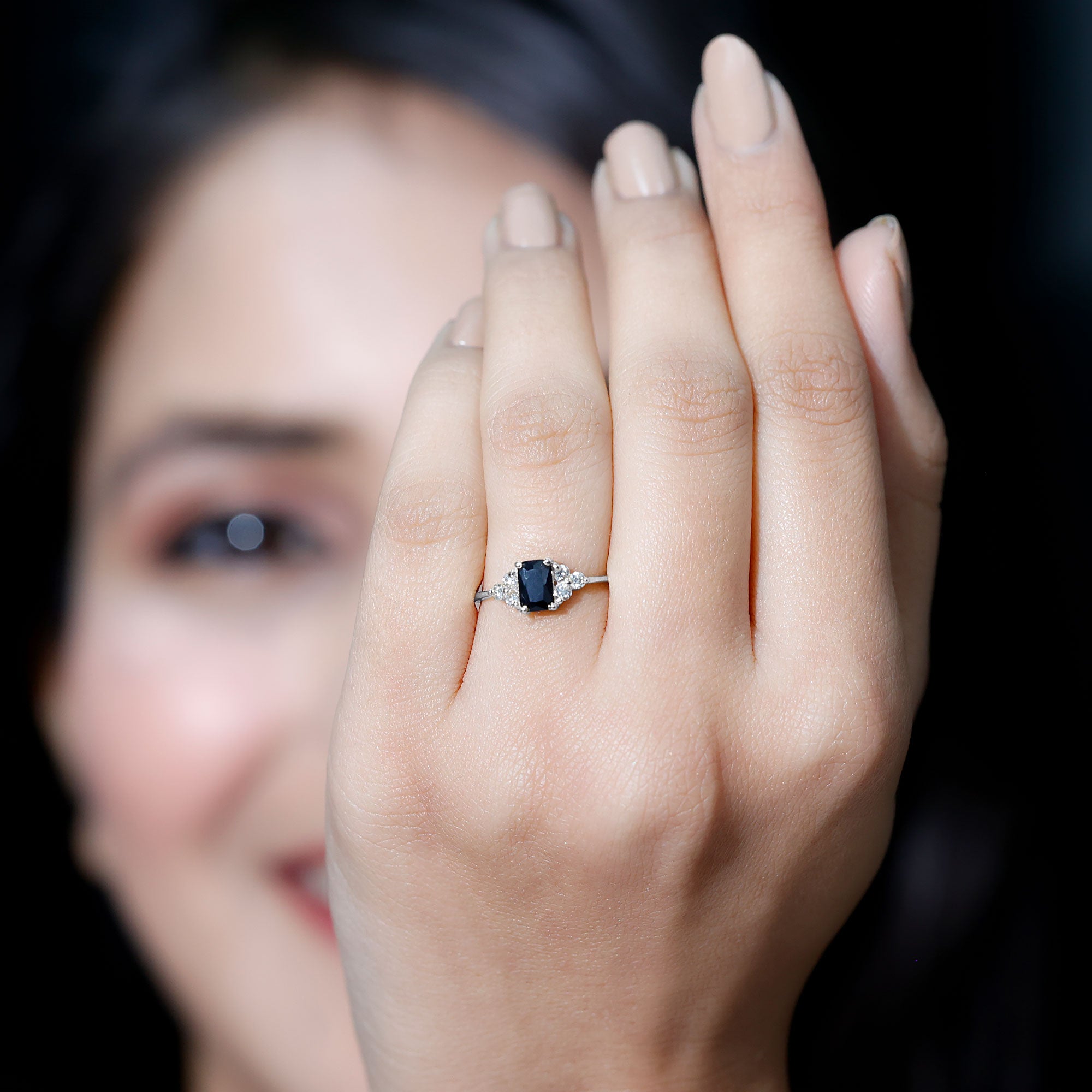 Emerald Cut Created Black Diamond Solitaire Ring with Diamond Trio AAAA ( Synthetic ) - Rosec Jewels