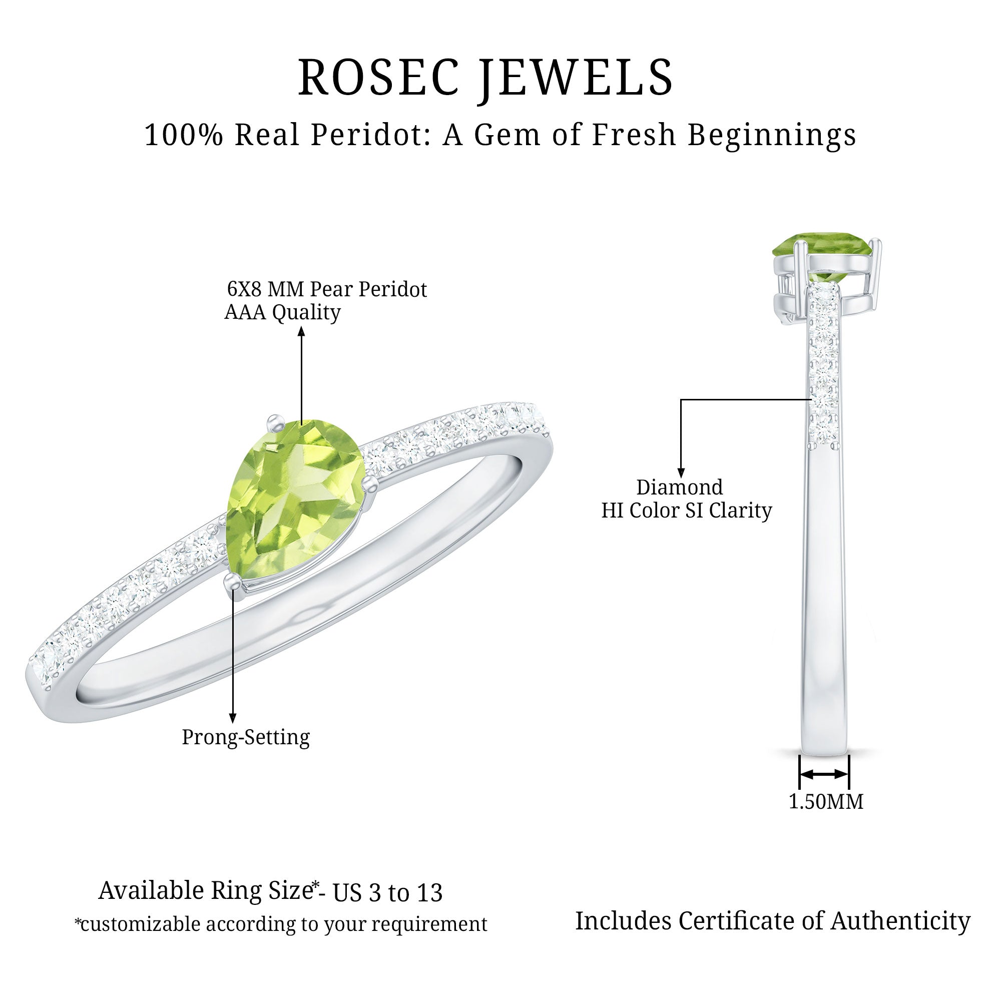 Natural 1 Carat Pear Shape Peridot Engagement Ring with Diamond AAA - Rosec Jewels