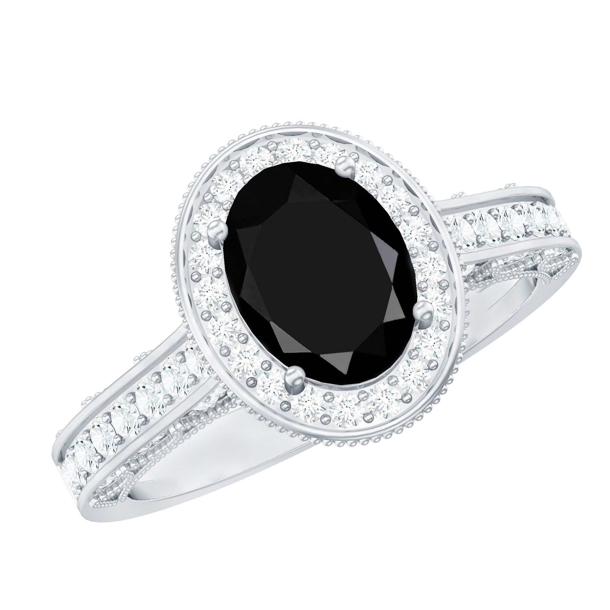 Rosec Jewels-Vintage Inspired Black Onyx Oval Engagement Ring with Diamond Halo