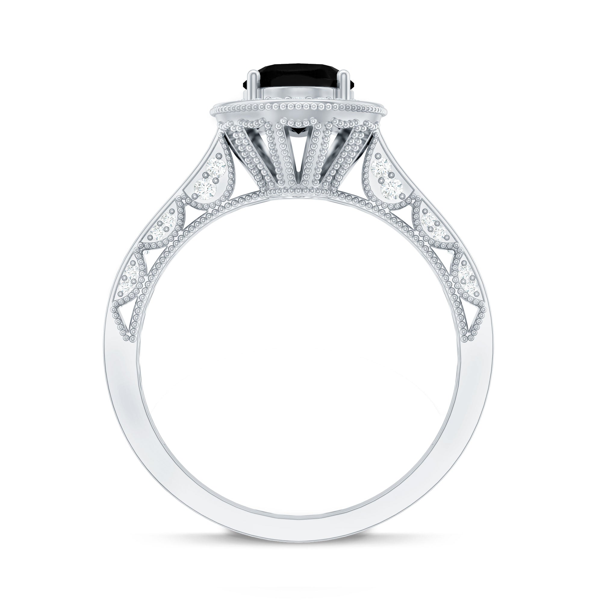 Rosec Jewels-Vintage Inspired Black Onyx Oval Engagement Ring with Diamond Halo