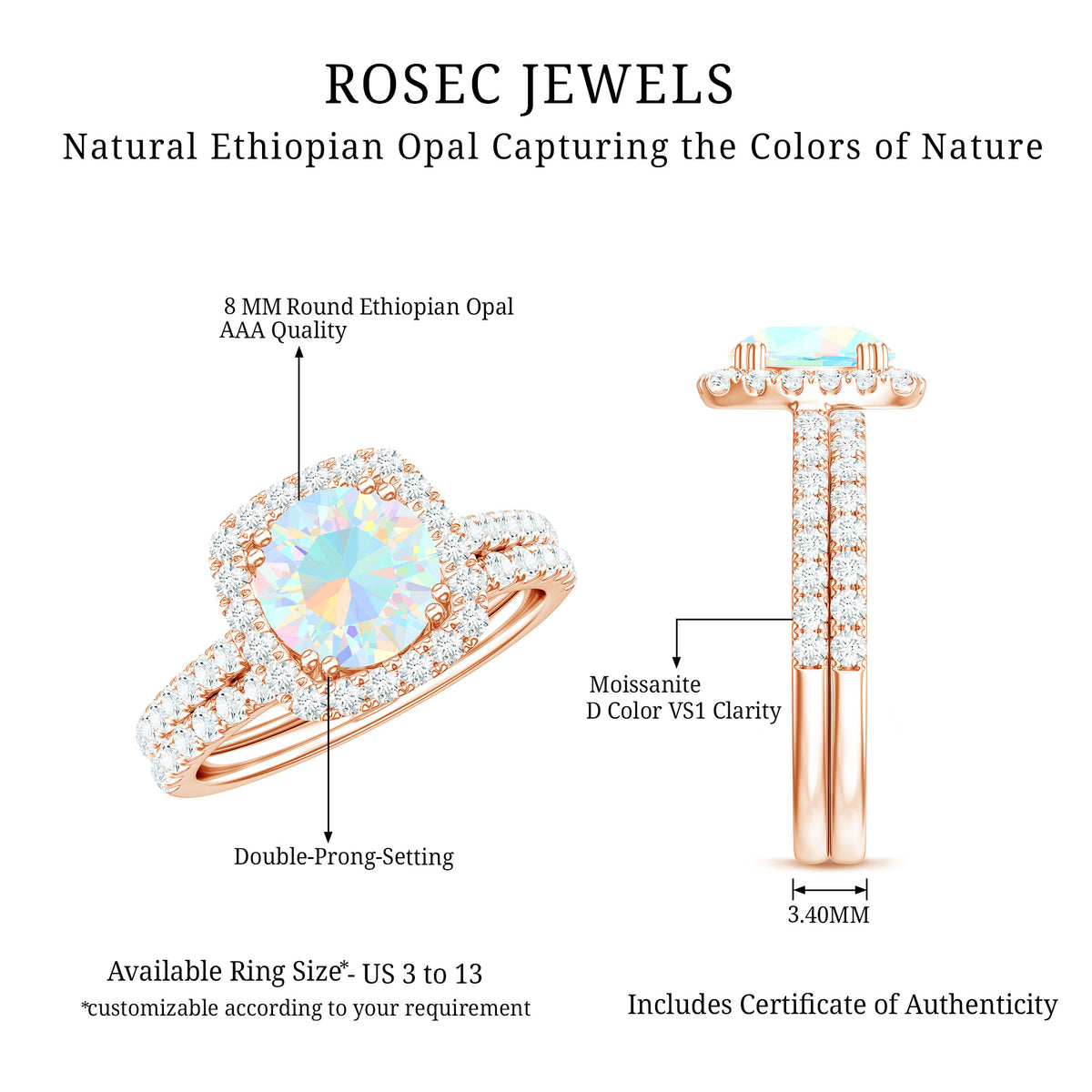 Real Ethiopian Opal Engagement Ring with Moissanite Wedding Band AAA - Rosec Jewels