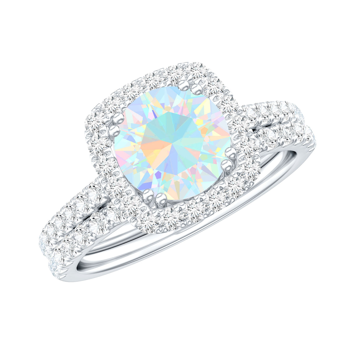 Real Ethiopian Opal Engagement Ring with Moissanite Wedding Band AAA - Rosec Jewels