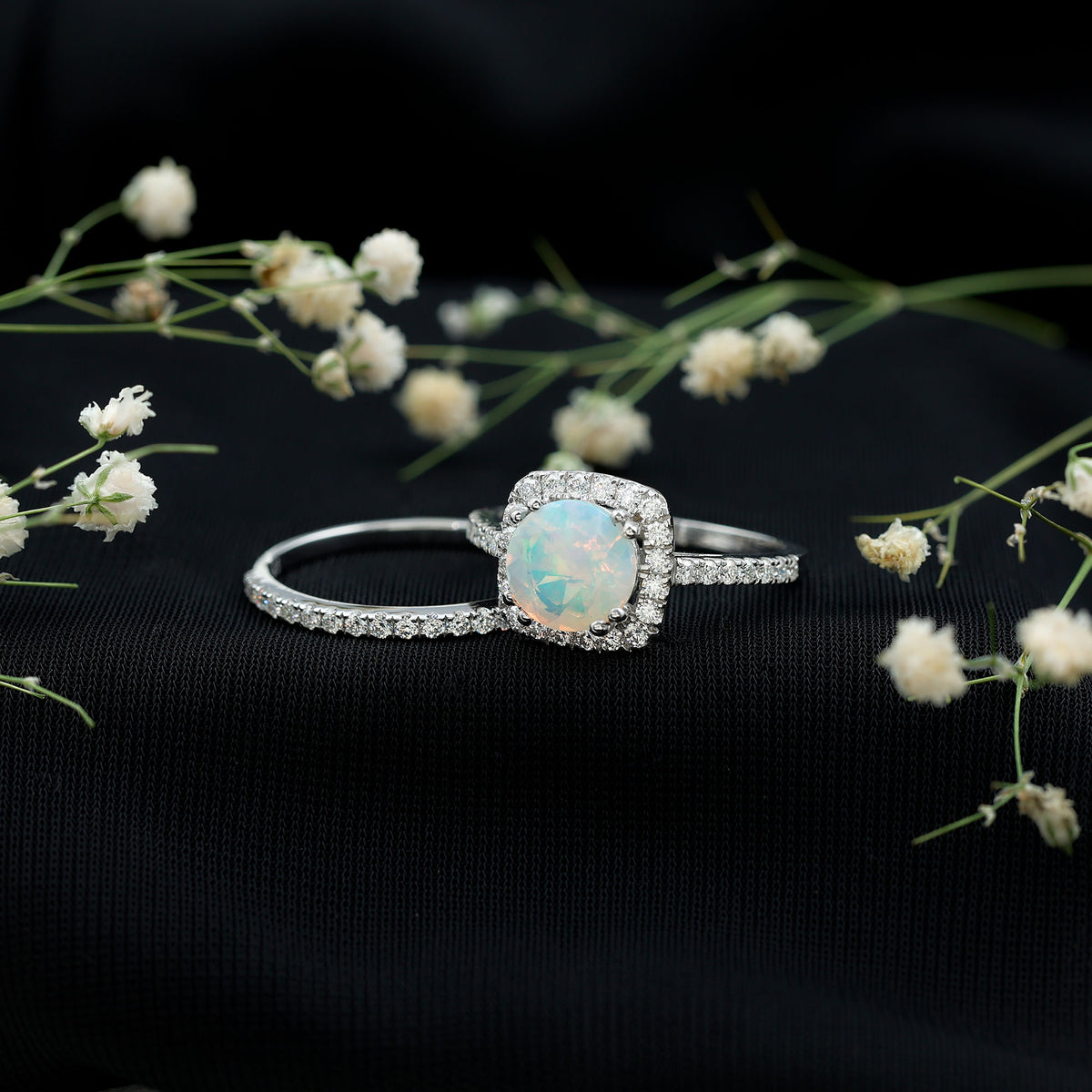 Real Ethiopian Opal Engagement Ring with Moissanite Wedding Band AAA - Rosec Jewels
