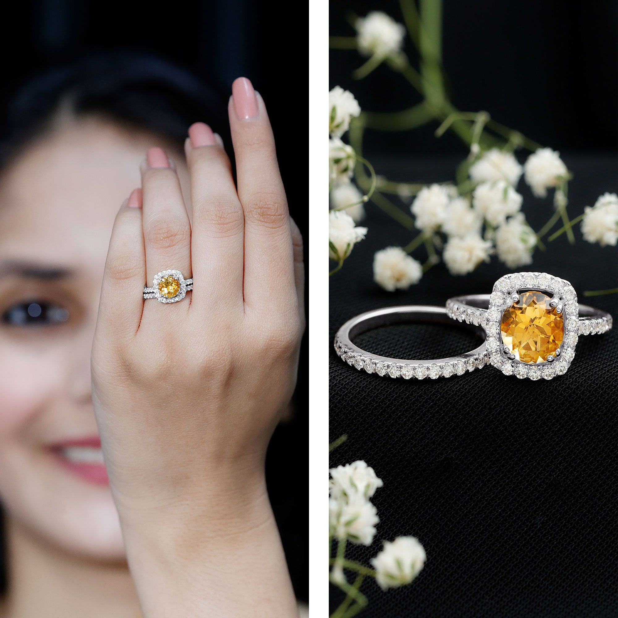 1.2 Carat Citrine Halo Wedding Ring Set with Moissanite AAA - Rosec Jewels