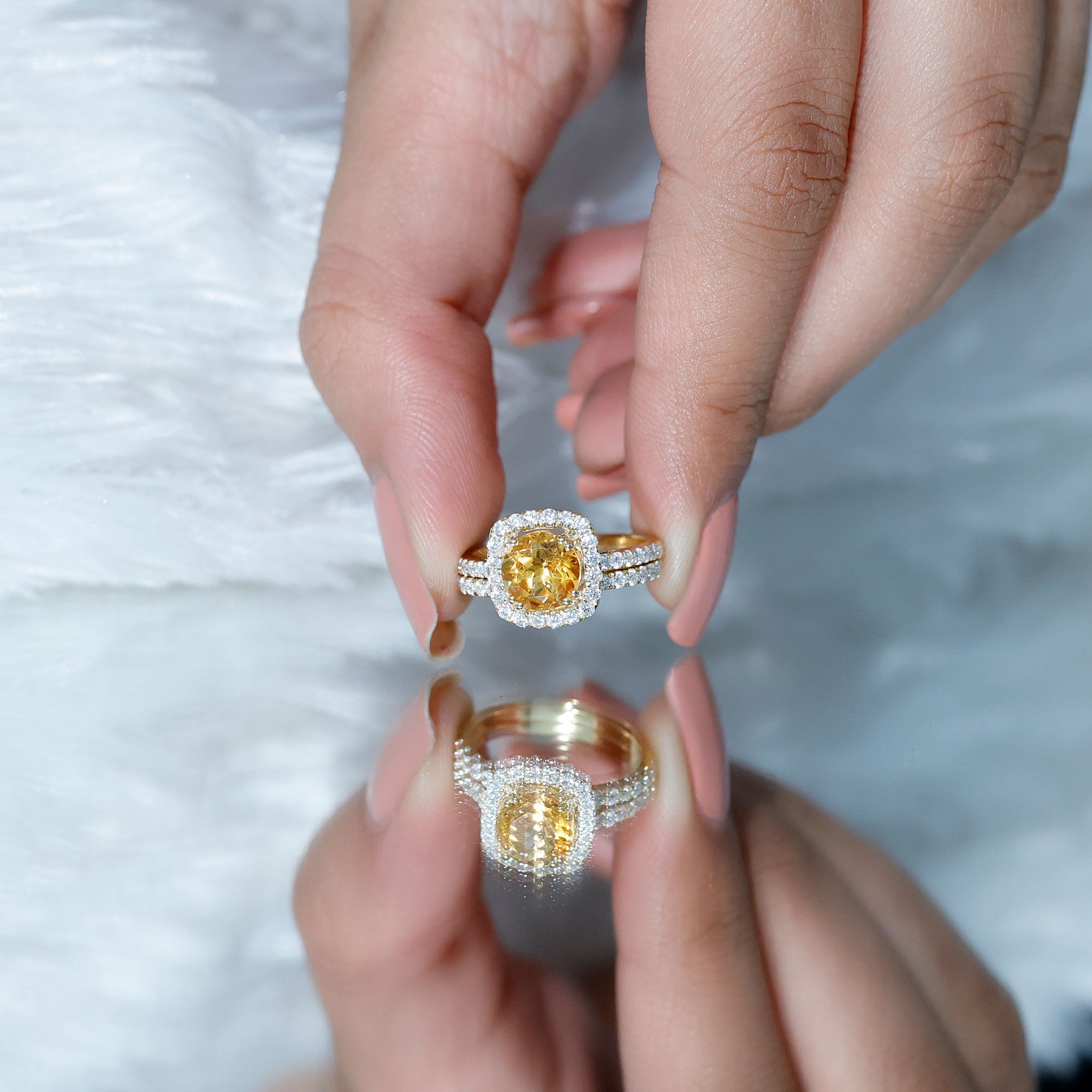1.2 Carat Citrine Halo Wedding Ring Set with Moissanite AAA - Rosec Jewels