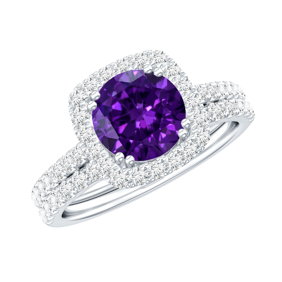 Real 1.2 Carat Amethyst Wedding Engagement Ring Set with Moissanite AAA - Rosec Jewels