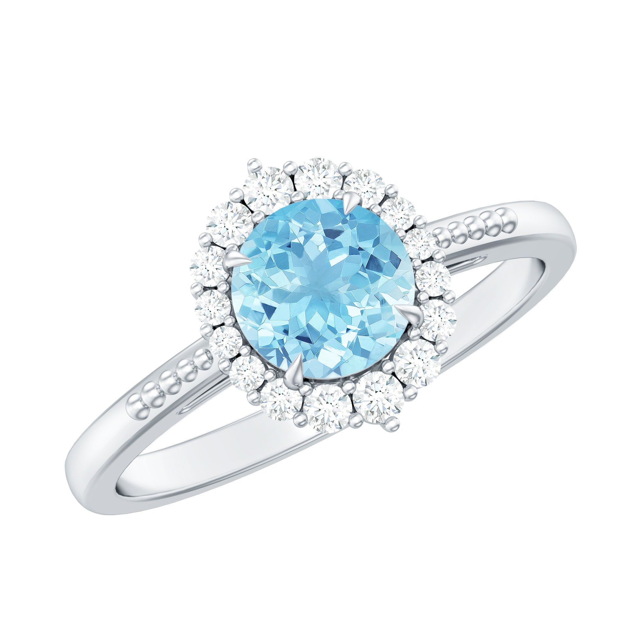 Natural 6MM Aquamarine Halo Engagement Ring with Diamond AAA - Rosec Jewels