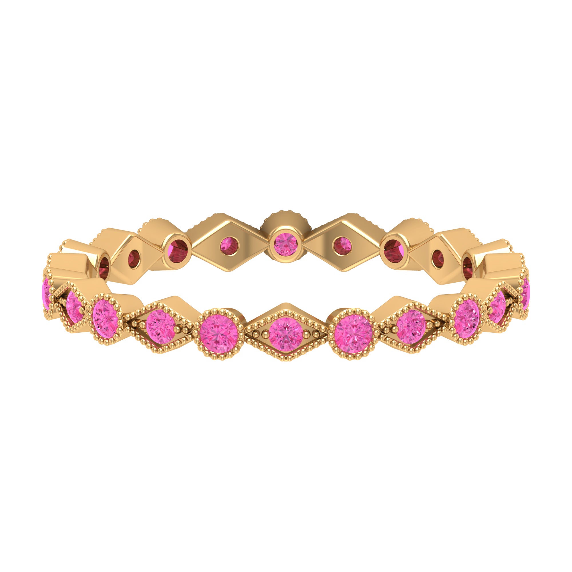 Created Pink Sapphire Stackable Eternity Ring with Beaded Shank AAAA - Rosec Jewels