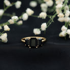 Emerald Cut Black Onyx Three Stone Engagement Ring AAA - Rosec Jewels