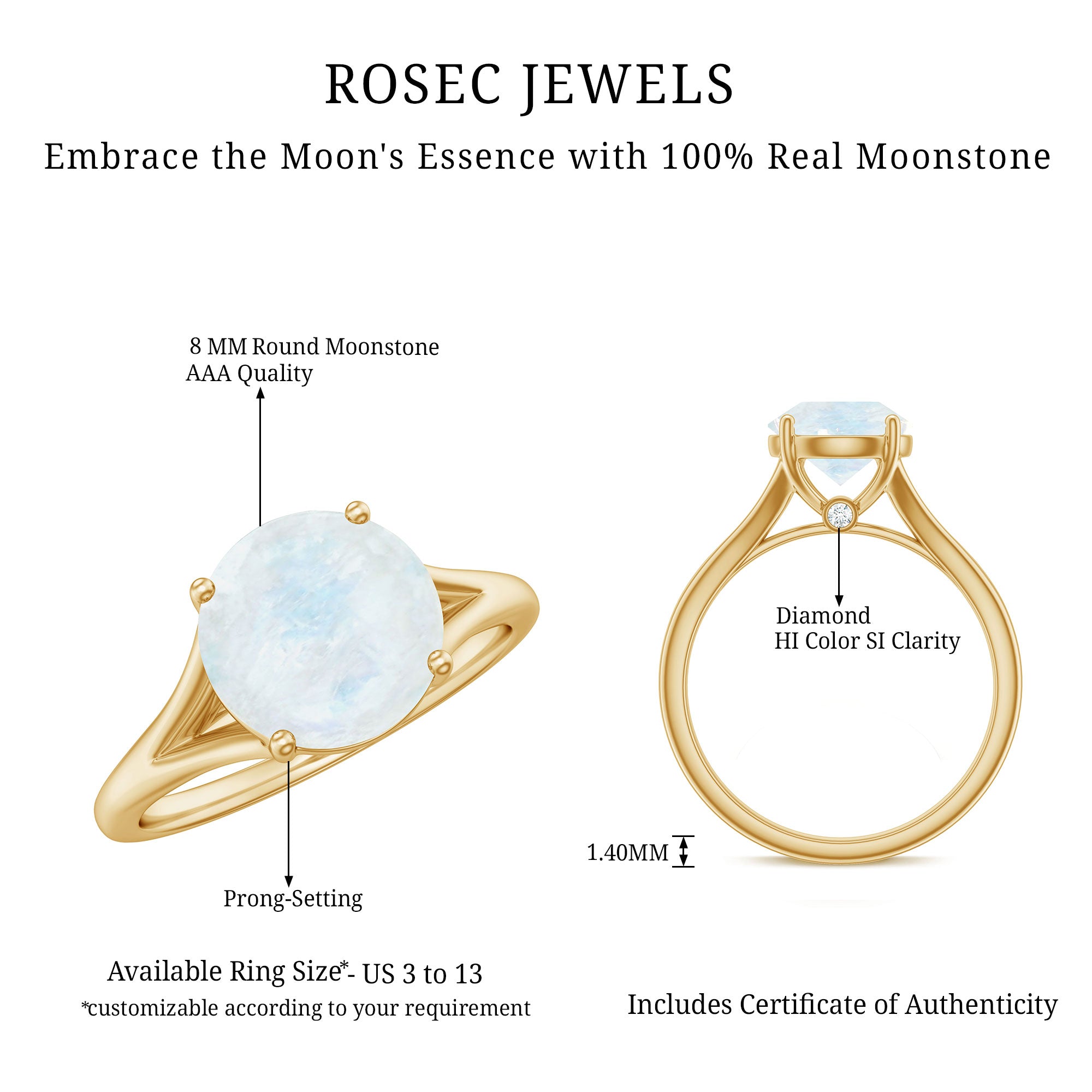 1 CT Natural Moonstone Solitaire Ring with Surprise Diamond AAA - Rosec Jewels