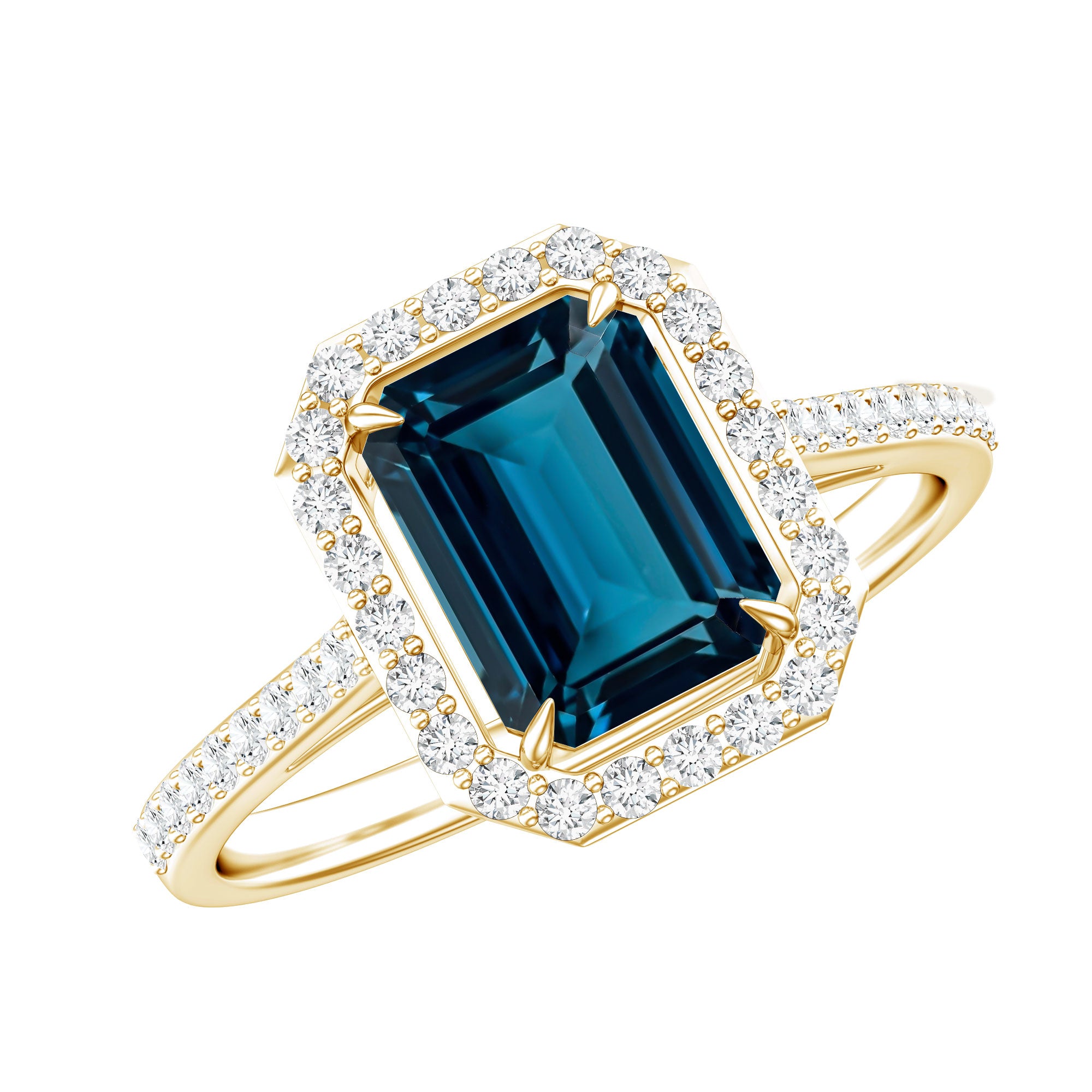 Emerald Cut London Blue Topaz Engagement Ring with Diamond Halo AAA - Rosec Jewels
