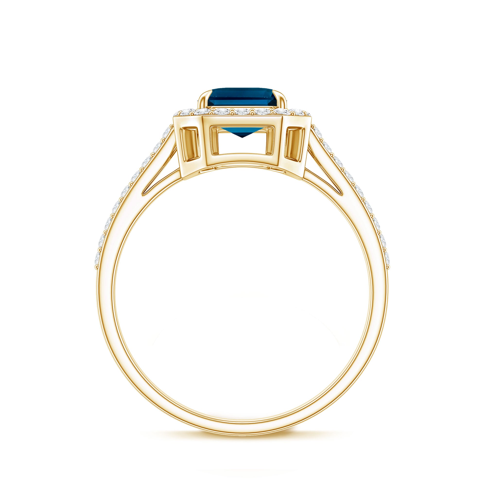 Emerald Cut London Blue Topaz Engagement Ring with Diamond Halo AAA - Rosec Jewels