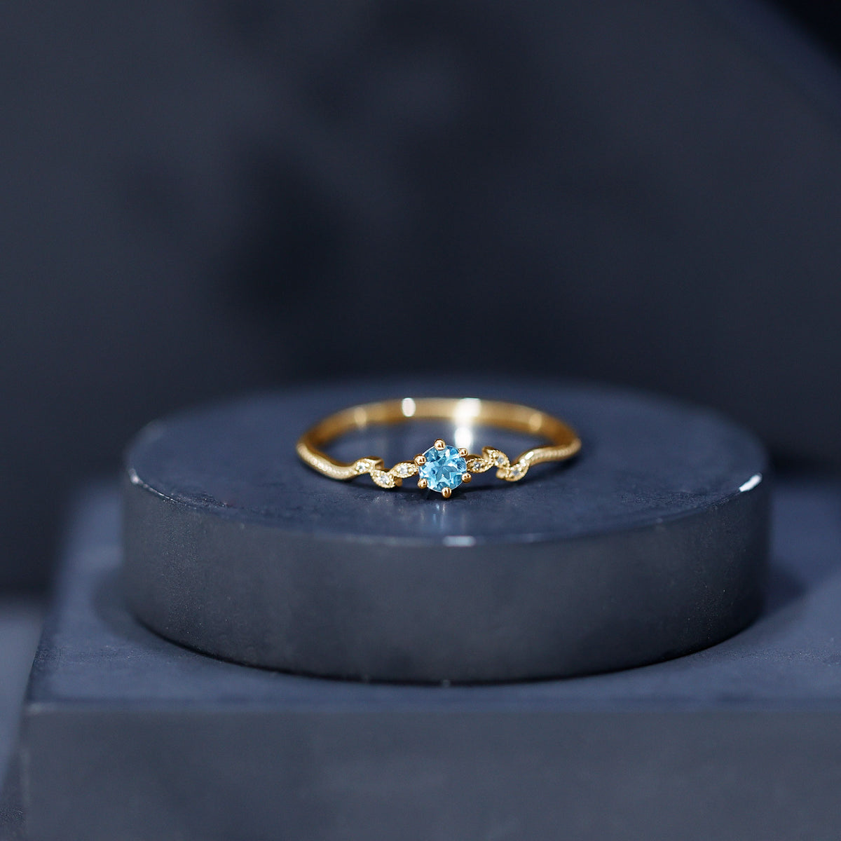 Round Aquamarine Diamond Nature Inspired Promise Ring AAA - Rosec Jewels
