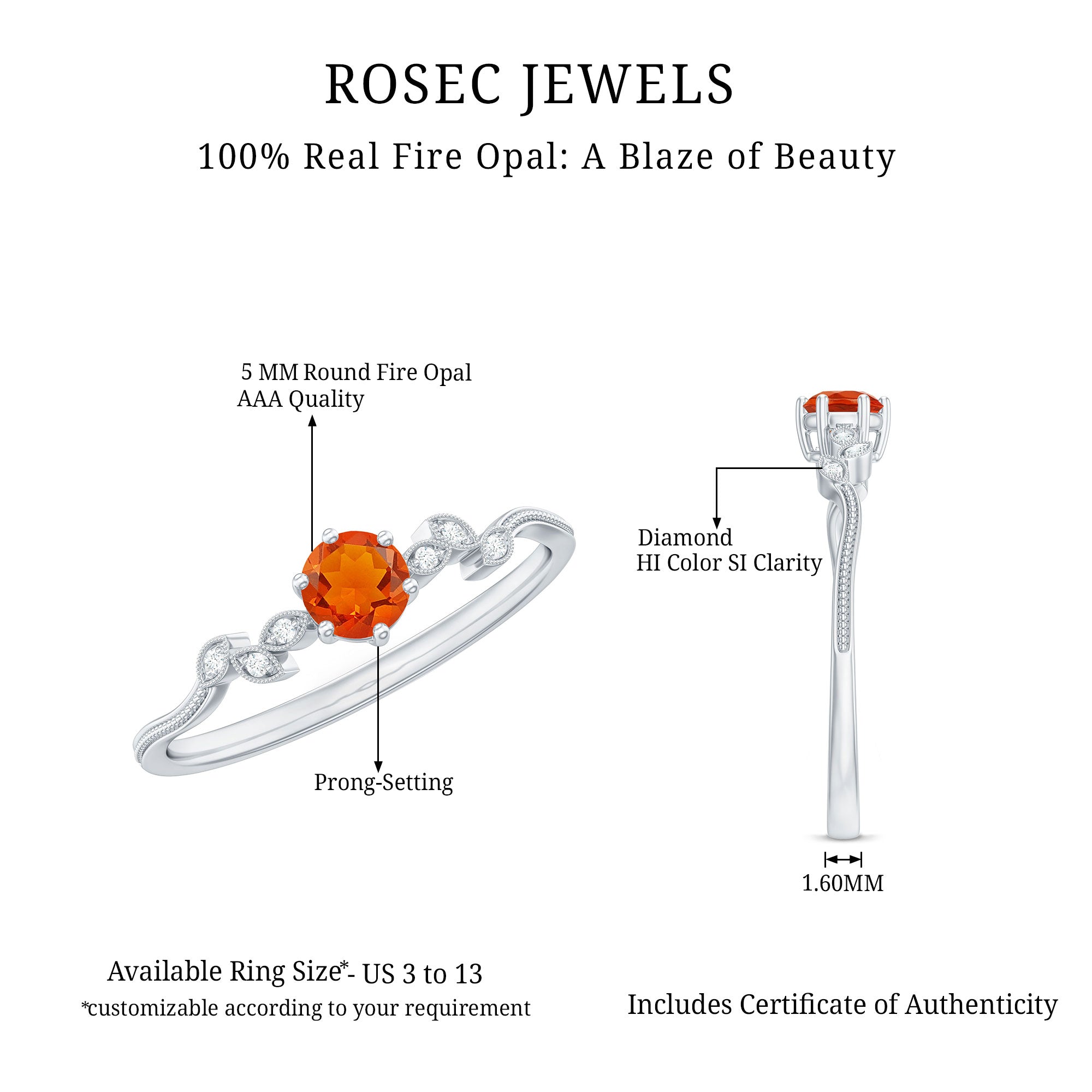 Rosec Jewels-Round Fire Opal Leaf Promise Ring with Diamond
