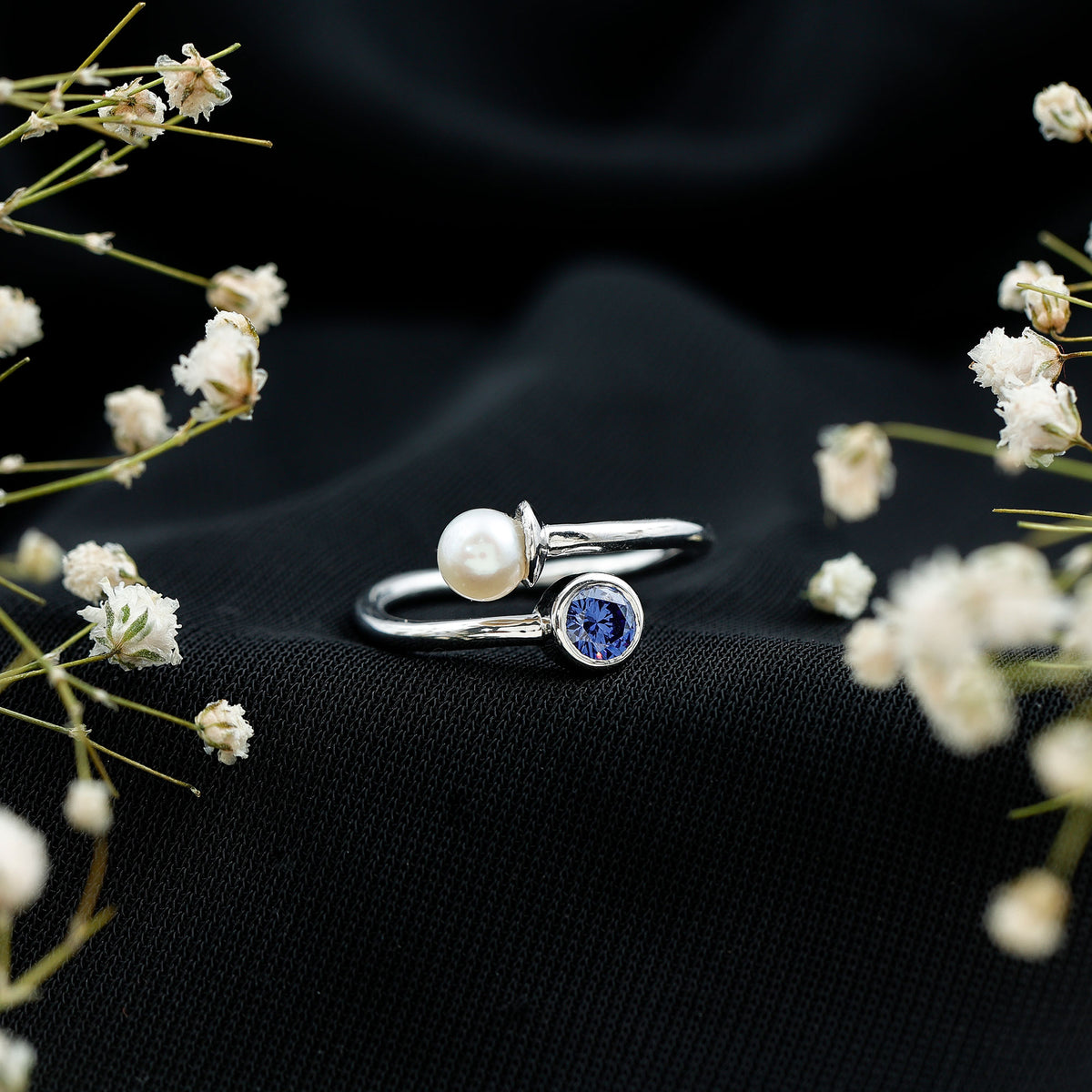 Lab Created Blue Sapphire and Pearl Toi Et Moi Ring AAA - Rosec Jewels