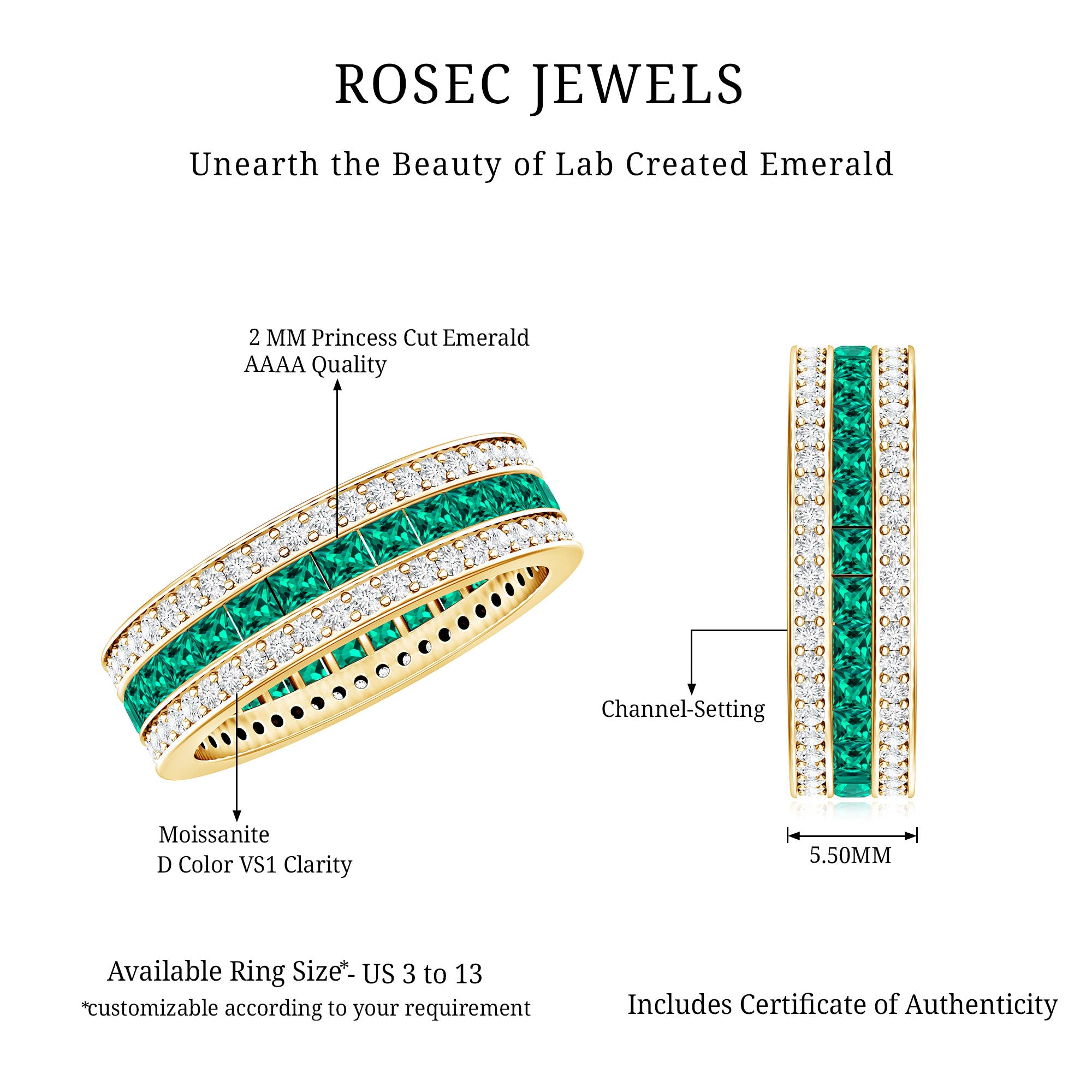 Certified Lab Grown Emerald 3 Row Eternity Wedding Band AAAA - Rosec Jewels
