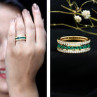 Rosec Jewels-Three Row Lab Created Emerald and Moissanite Wedding Band