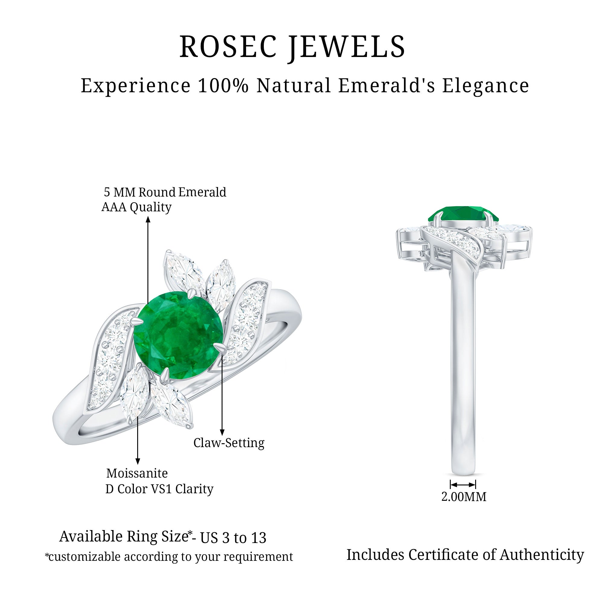 Natural 0.4 Carat Emerald Engagement Ring with Diamond AAA - Rosec Jewels