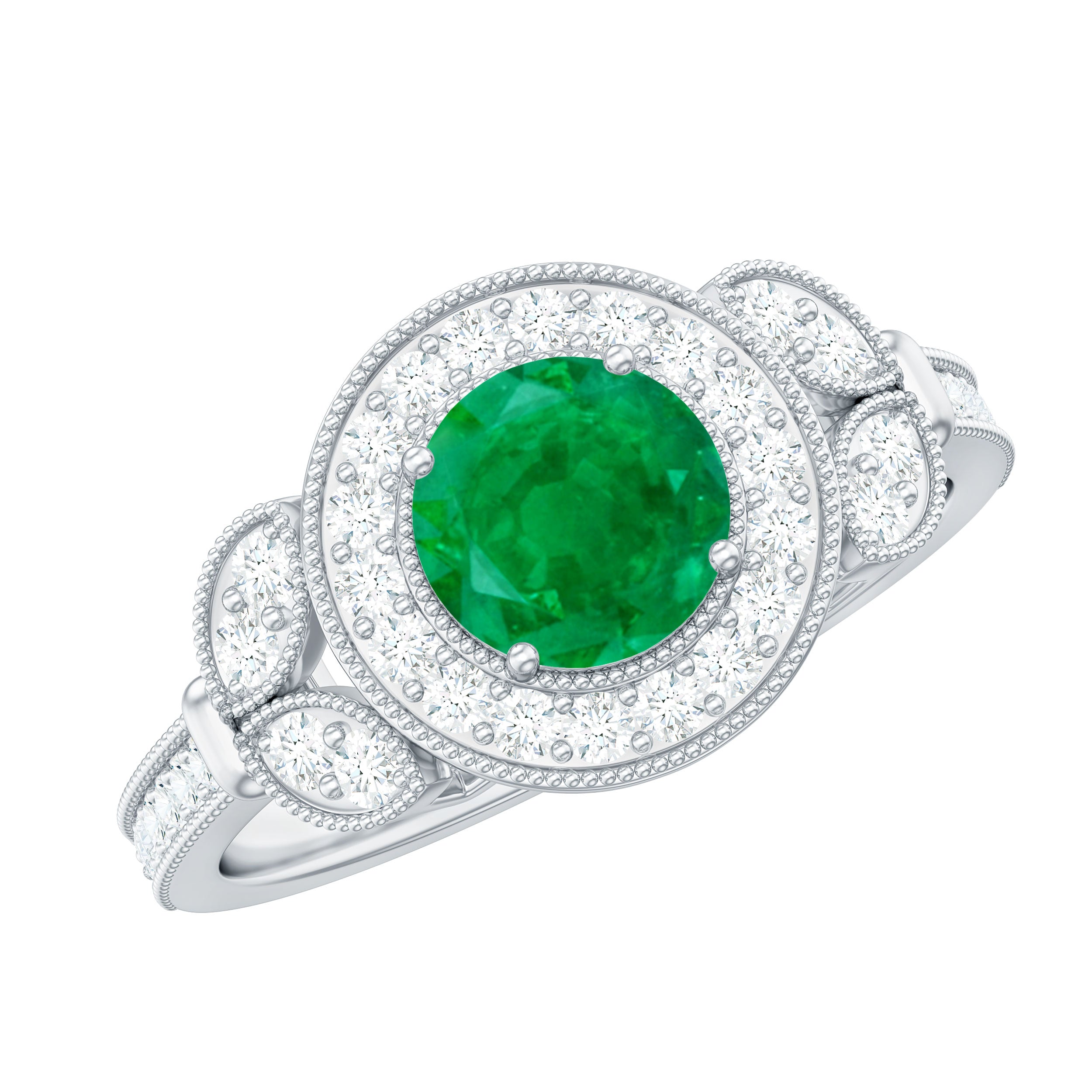 Vintage Style Emerald Engagement Ring with Diamond Halo