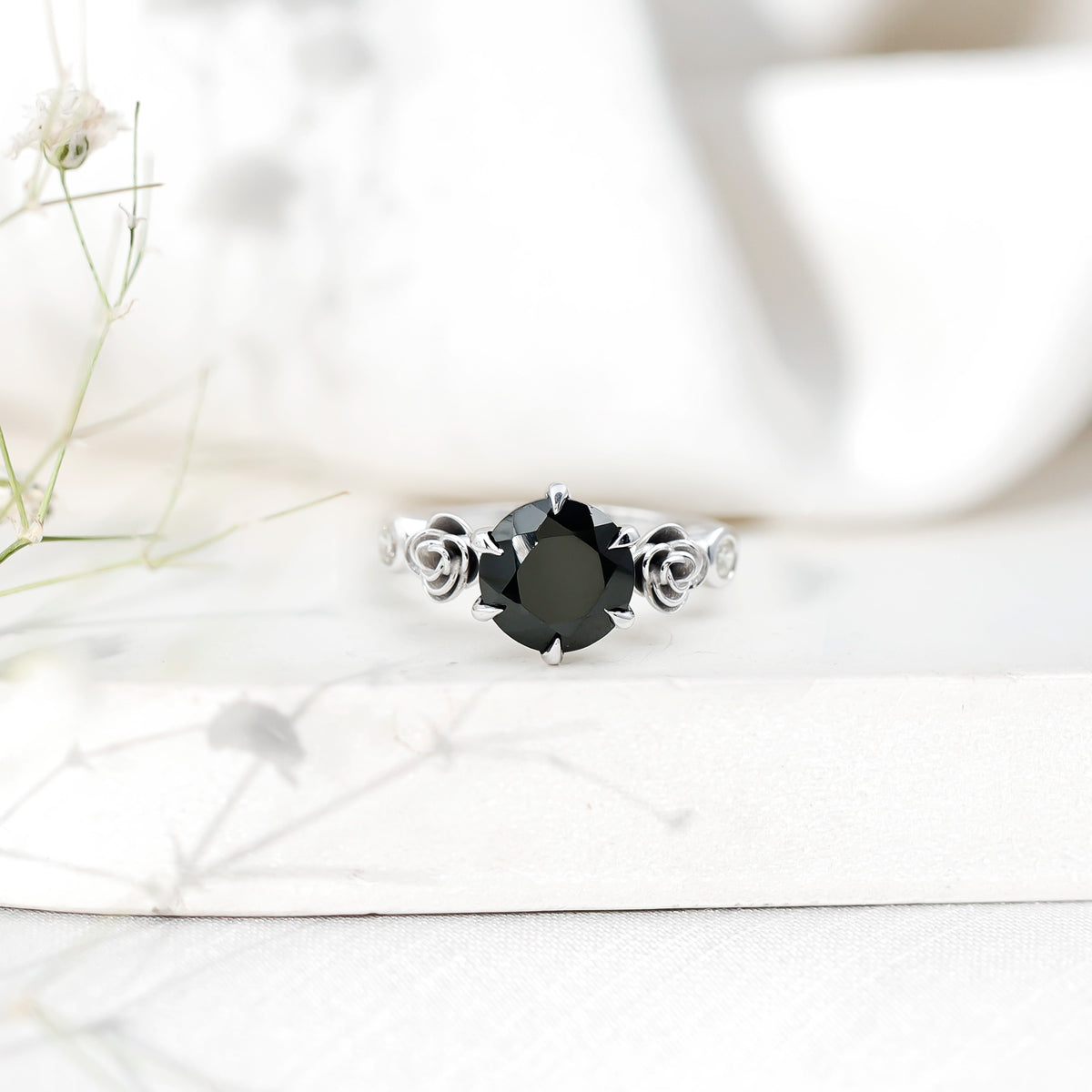 Natural Black Spinel Floral Engagement Ring with Diamond AAA - Rosec Jewels
